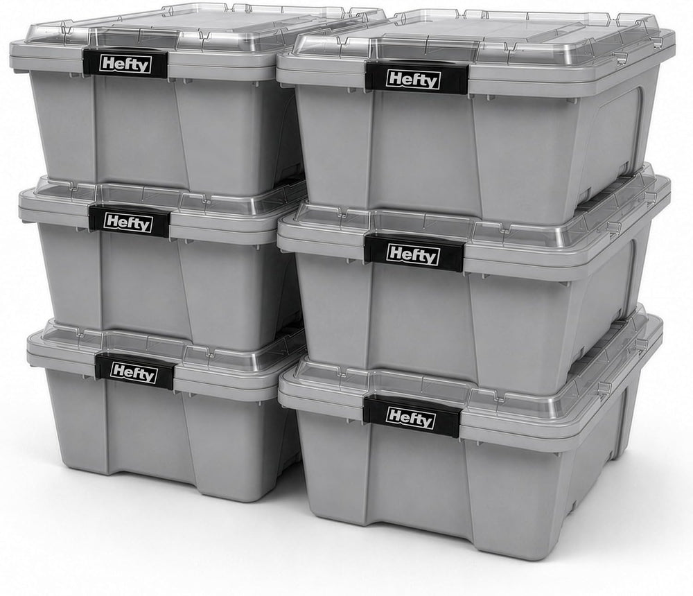 Hefty MAX Pro 12 Gal Storage Bins with Clear Lids, Stackable, 6 Pack, Grey