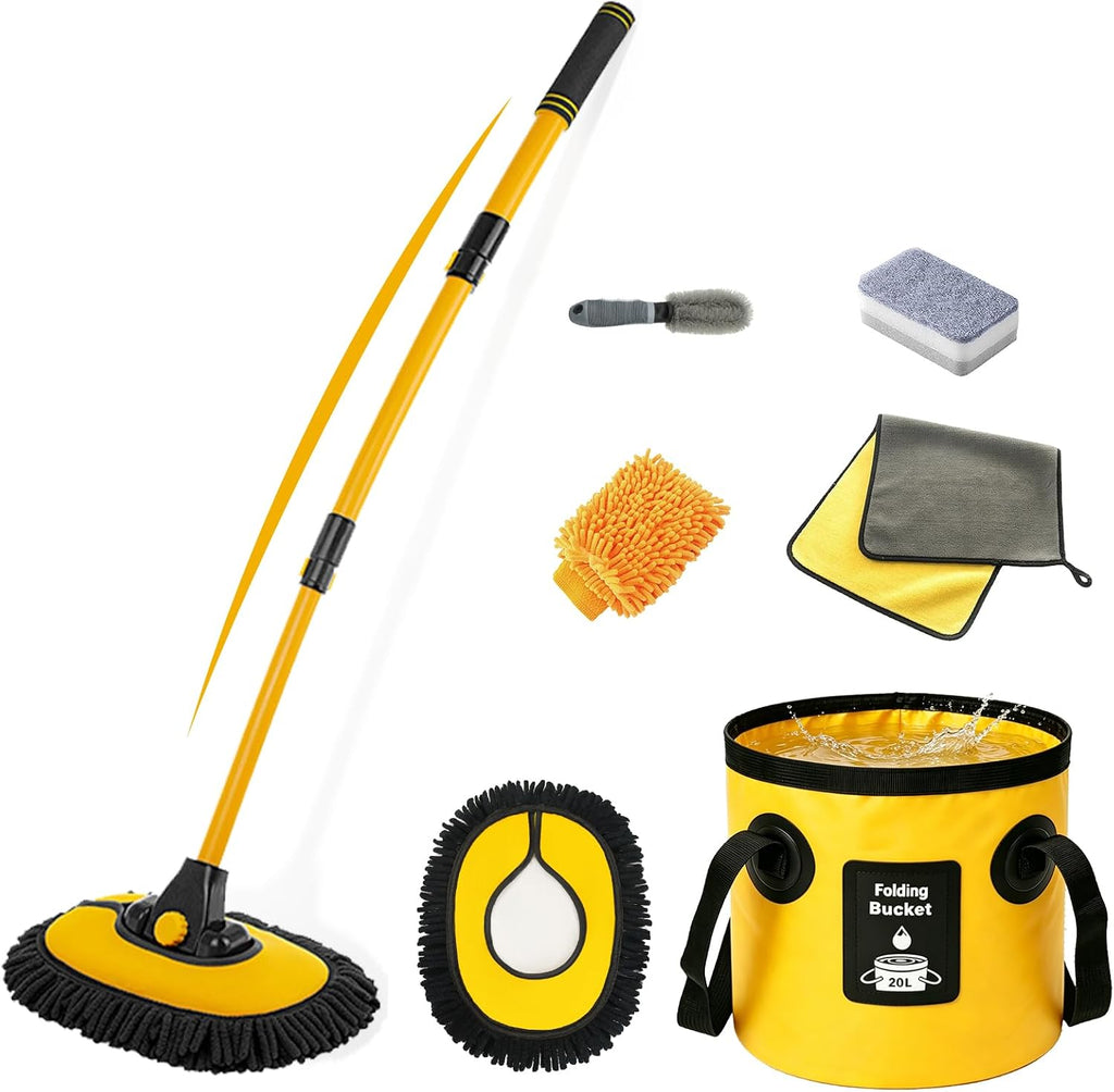 7-in-1 Car Wash Kit with 20L Collapsible Bucket & Brush – Car Wash Mop with Long Handle, 15° Curved Aluminum Pole for SUV Roof, Car Washing Brushes & Cleaning Supplies, RVs-Yellow.