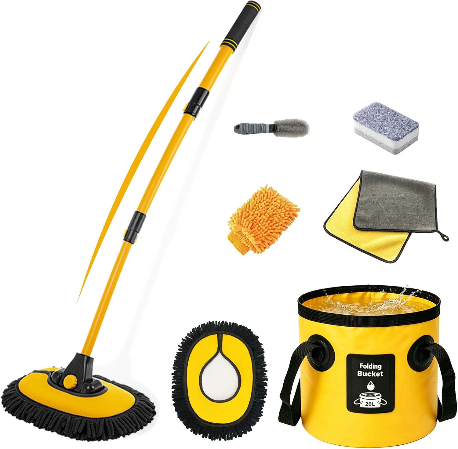 7-in-1 Car Wash Kit with 20L Collapsible Bucket & Brush – Car Wash Mop with Long Handle, 15° Curved Aluminum Pole for SUV Roof, Car Washing Brushes & Cleaning Supplies, RVs-Yellow.