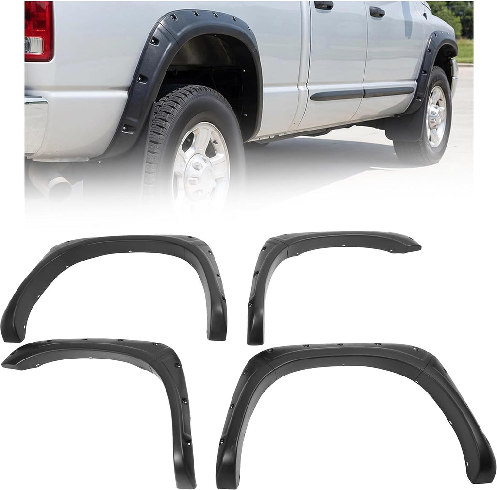 ALMULOO 4Pcs Fender Flares Compatible with 2002-2009 Dodge Ram 1500 2500 3500 (Not Fit 06-09 8ft Bed Models) w/Fleetside 76.3 inch Bed Pocket Riveted Style Wheel Arch Covers Plastic Textured Black