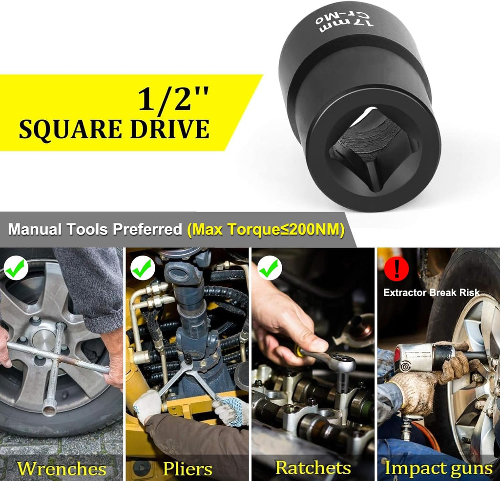 Topec 17mm Lug Nut Remover, Wheel Lock Removal Kit for Stripped Bolt & Rounded Nut, 1/2" Drive | Hand Tools Only (≤200NM)
