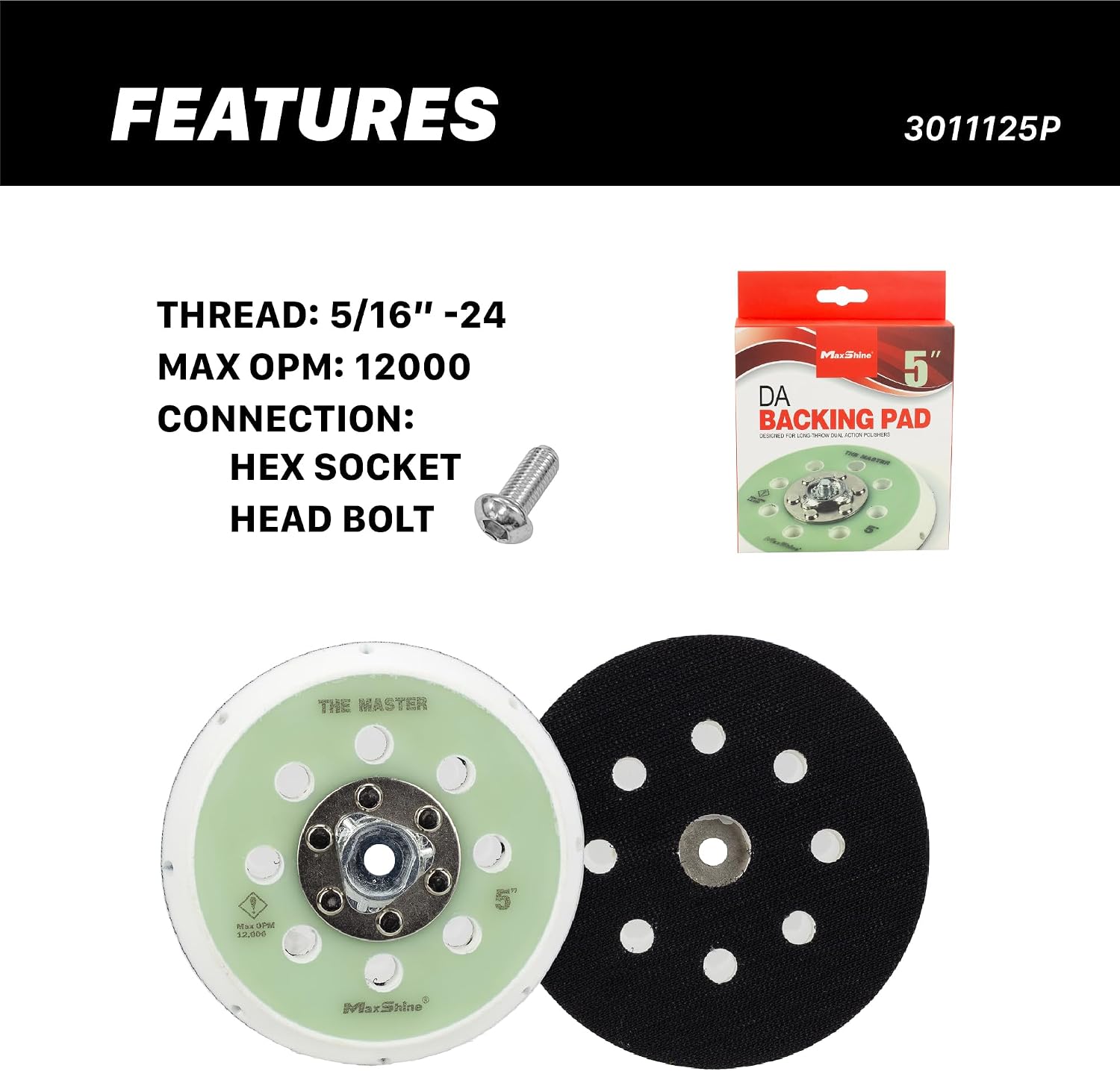 Maxshine 5” Universal DA Backing Plate Pro Series – Hook & Loop Pad Holder, 5/16” Thread – Fits Dual Action Polishers up to 12,000 OPM for Sanding, Buffing, Polishing & Auto Detailing