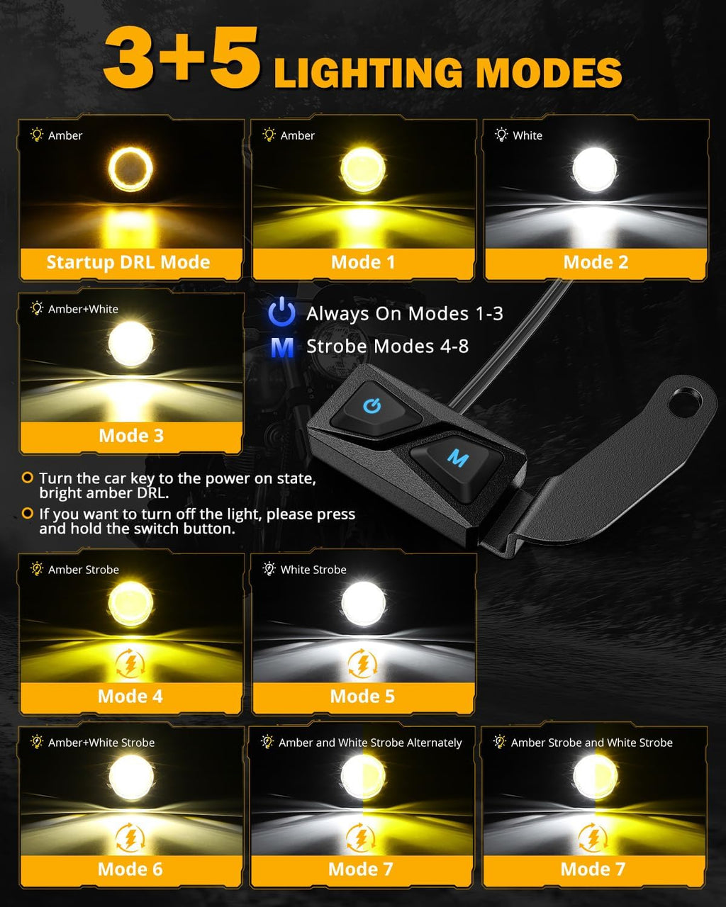 Auxbeam Motorcycle Auxiliary Lights Fog Lights LED Driving Light Spotlight with Halo DRL, White/Amber 8 Modes Dual-Color Strobe LED Offroad Work Lights for Motorcycle SUV ATV Trucks
