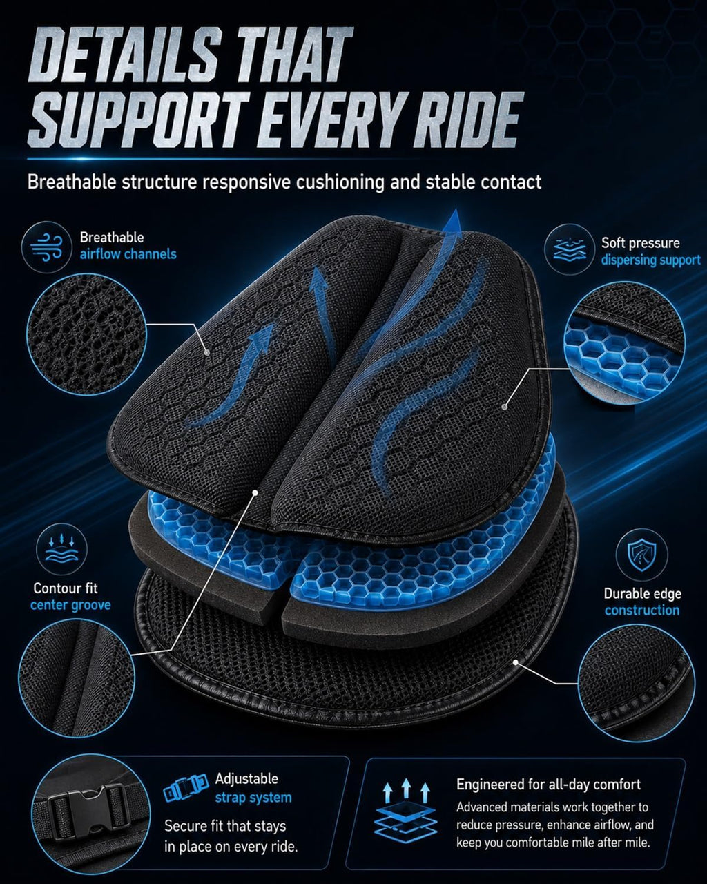 Motorcycle Seat Cushion Gel Pad Passenger Breathable Shock Absorption Waterproof 3D Honeycomb Rider Universal Long Rides Touring Comfort Anti Slip Pressure Relief Soft Durable Cover(Style A)