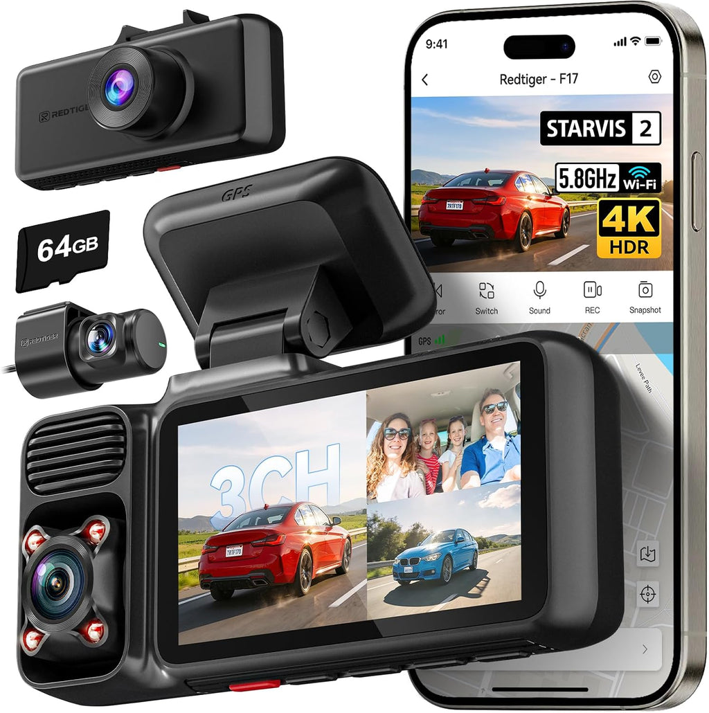 redtiger f17 4k 3ch dash cam, starvis 2, main product view