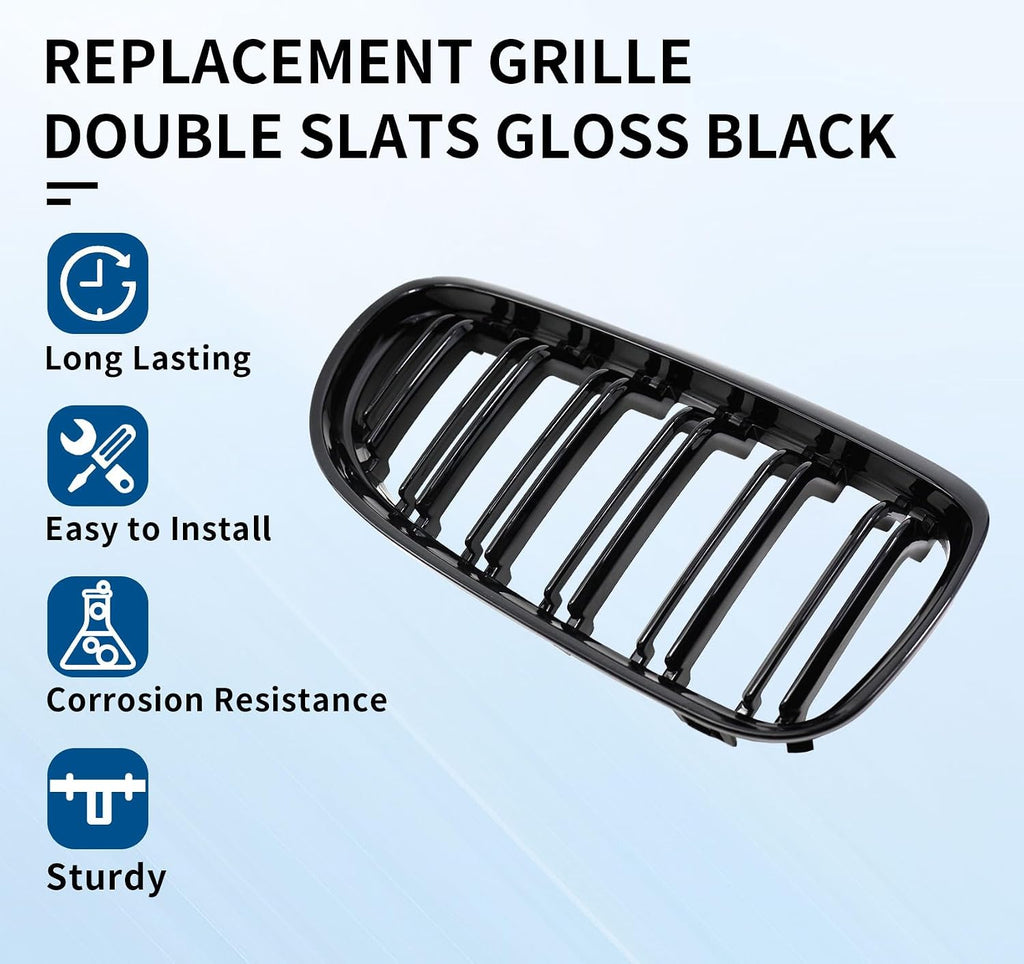 Front Grille Double Slats Front Grill for BMW E90 328i 318i 320i 323i 325i 330i 335i 2009-2011 - Front Kidney Grille (ABS Glossy Black)