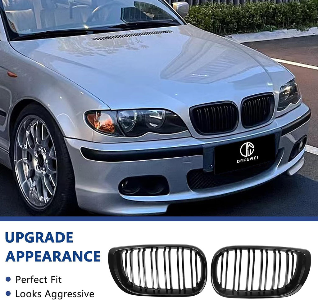 E46 Grille, Front Kidney Grill Compatible with BMW 3 Series 2002-2005 E46 4-Door 320i 325i 325xi 330i 330xi Double Slats Gloss Black Grill