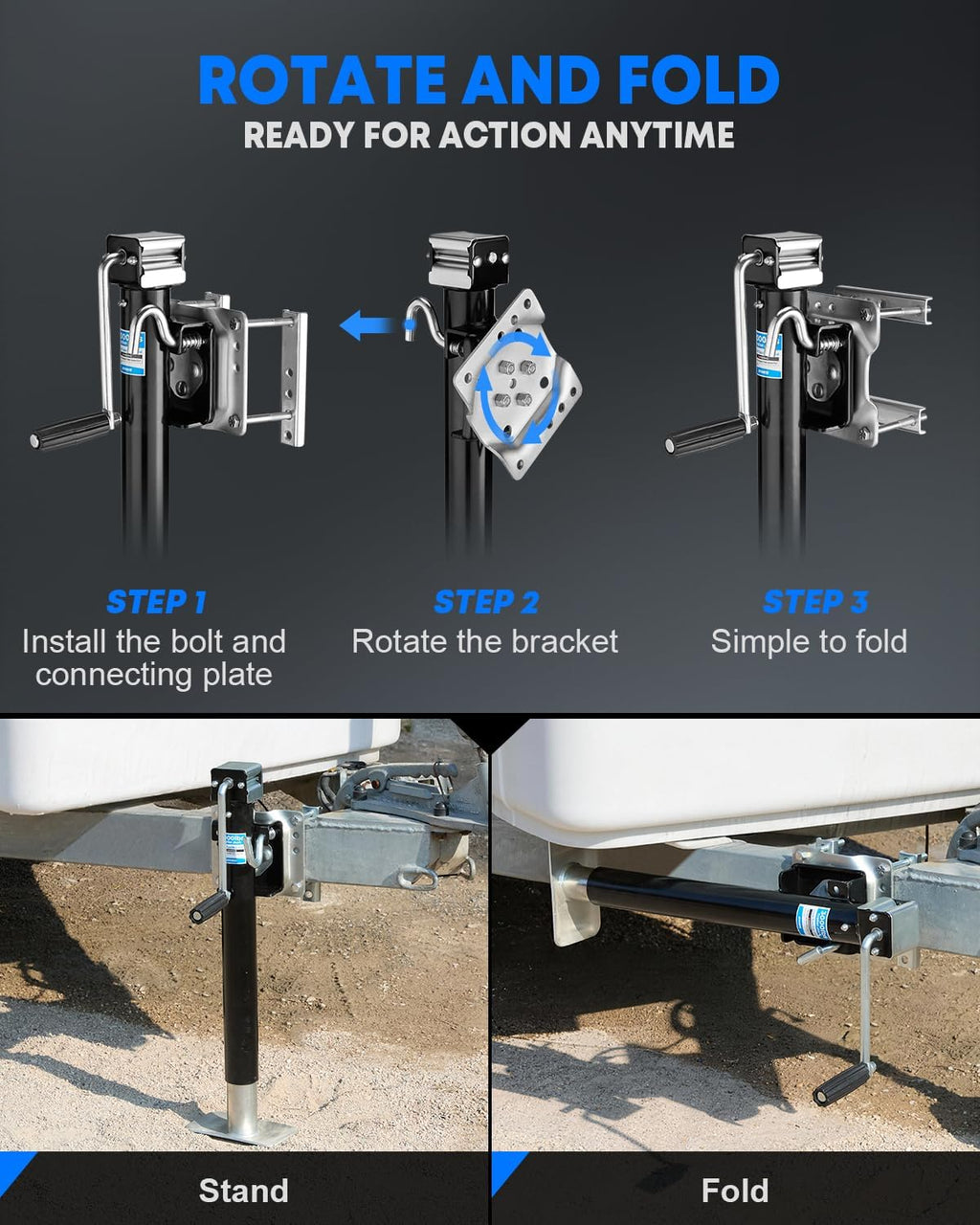 Kohree 3000 lbs Trailer Jack, Heavy Duty Bolt-on Low-Profile Small Swivel Trailer Tongue Jack with Ergonomic Handle for RV, Boat, Utility, Camping Trailer, 15" Vertical Travel