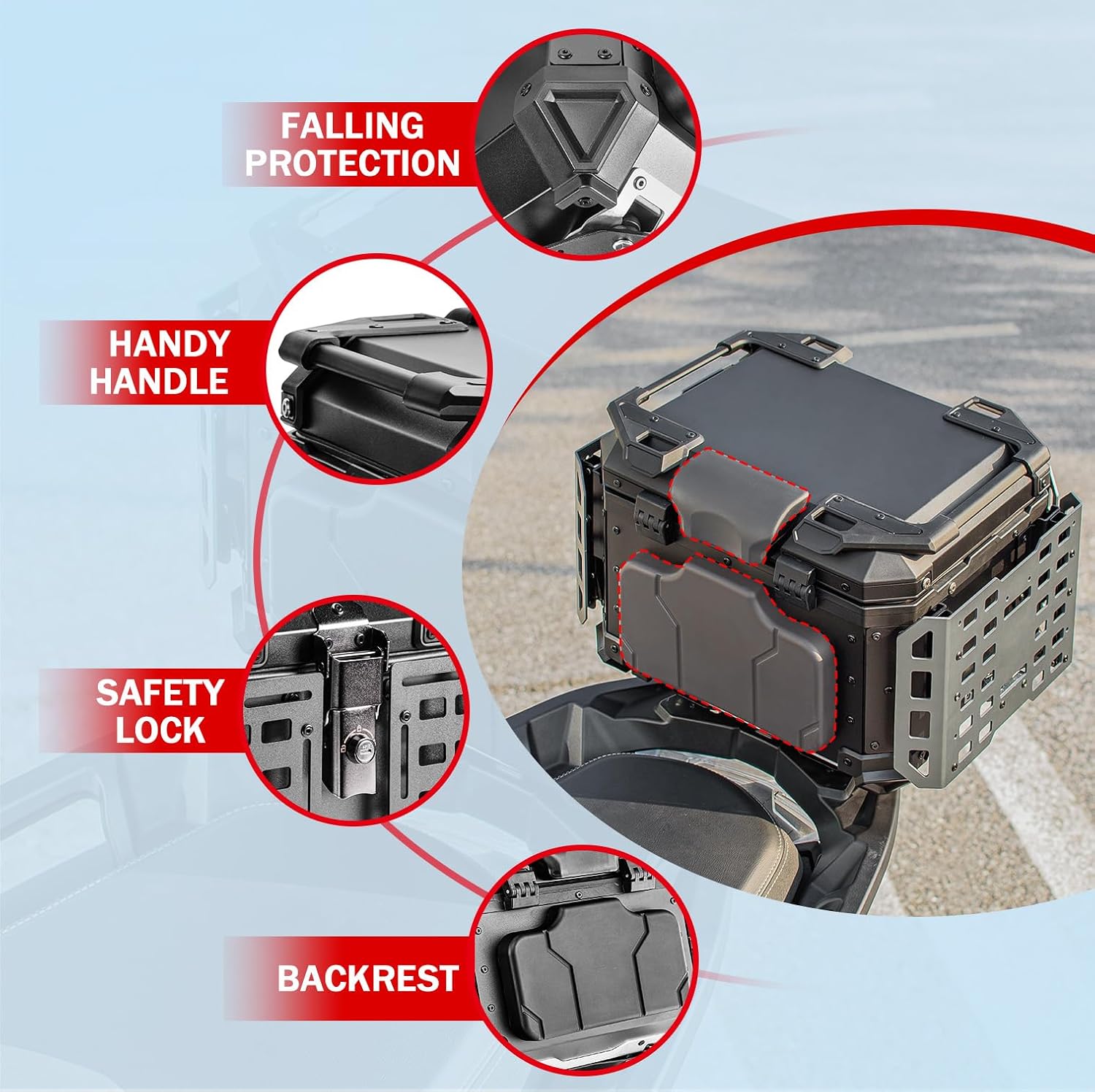Motorcycle Top Case, 45L Universal Tail Box Motorbike Luggage Storage Trunk | Expandable Side Tray, Easy Install Quick Release Detachable, Waterproof Rustproof Dustproof, Backrest Cushion Anti-Theft Lock