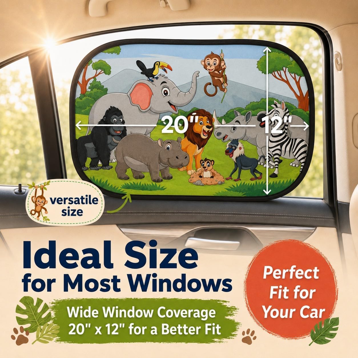Car Window Shade for Baby Kids, 2 Pack Cartoon Animal Side Window Sun Shades, UV Protection Baby Car Window Shades for Sun Glare, Heat & Travel Comfort (Safari)