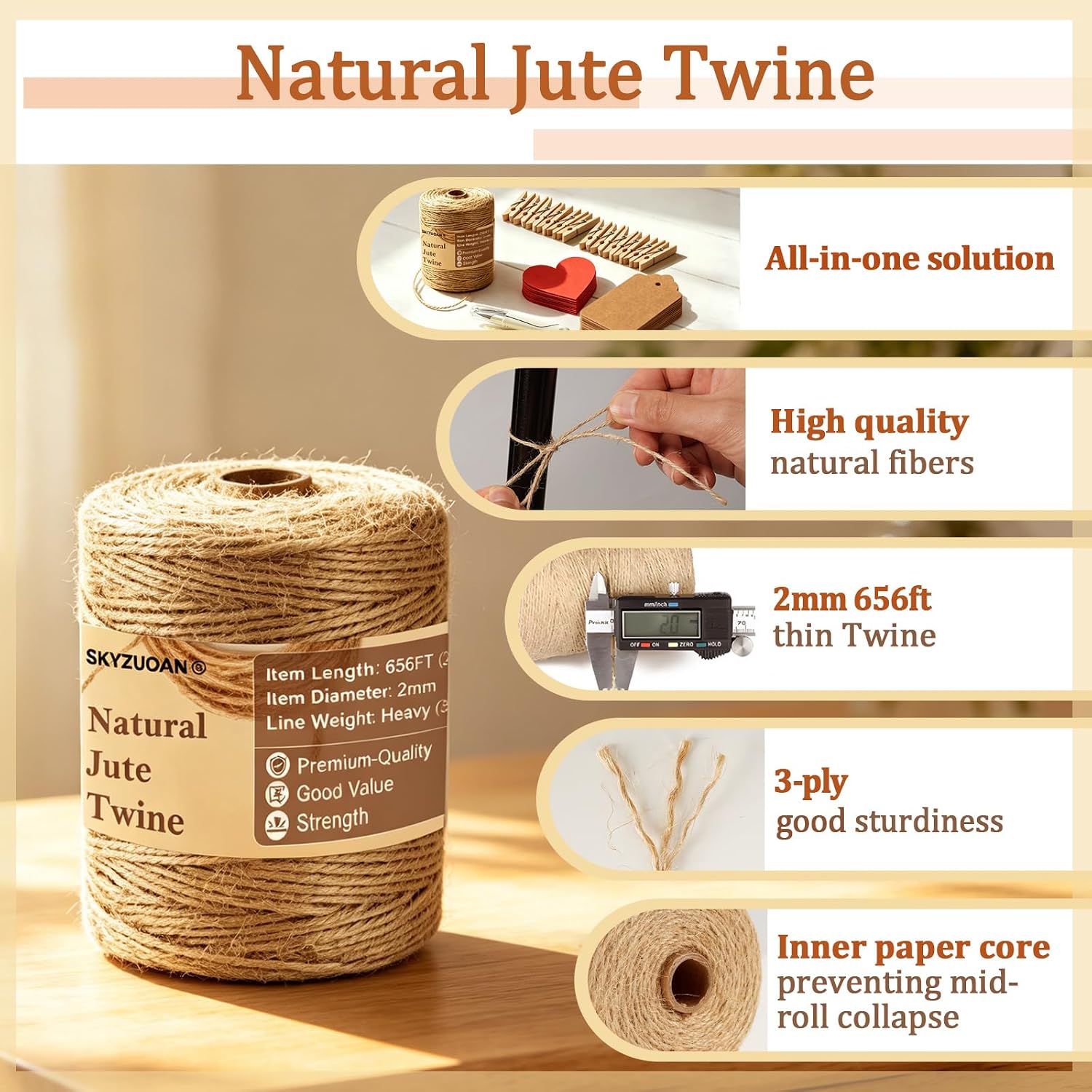 656 Feet Natural Jute Twine Kit 5-Pack, 2mm 3-Ply Premium Natural Fiber Sisal Hemp Jute Twine, Thin Rustic Craft String for Gift Wrapping, Gardening, DIY and Home Decor. Included Cutter, Clips & Tags