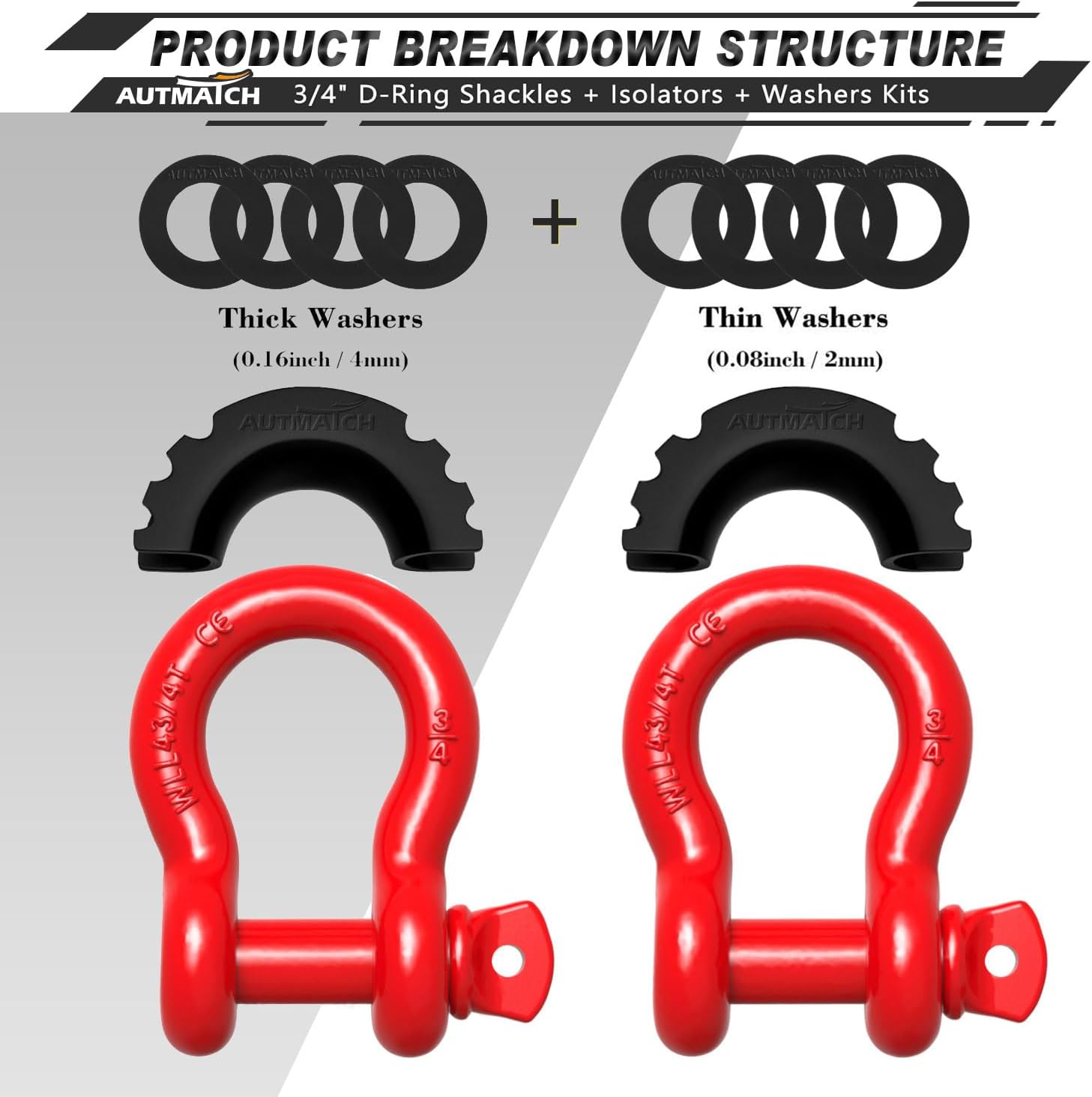 AUTMATCH D Ring Shackle 3/4" Shackles (2 Pack) 41,887Ibs Break Strength - Clevis Shackles with 7/8" Screw Pin and Shackle Isolator Washers Kit for Tow Strap Winch Off Road Vehicle Recovery, Red