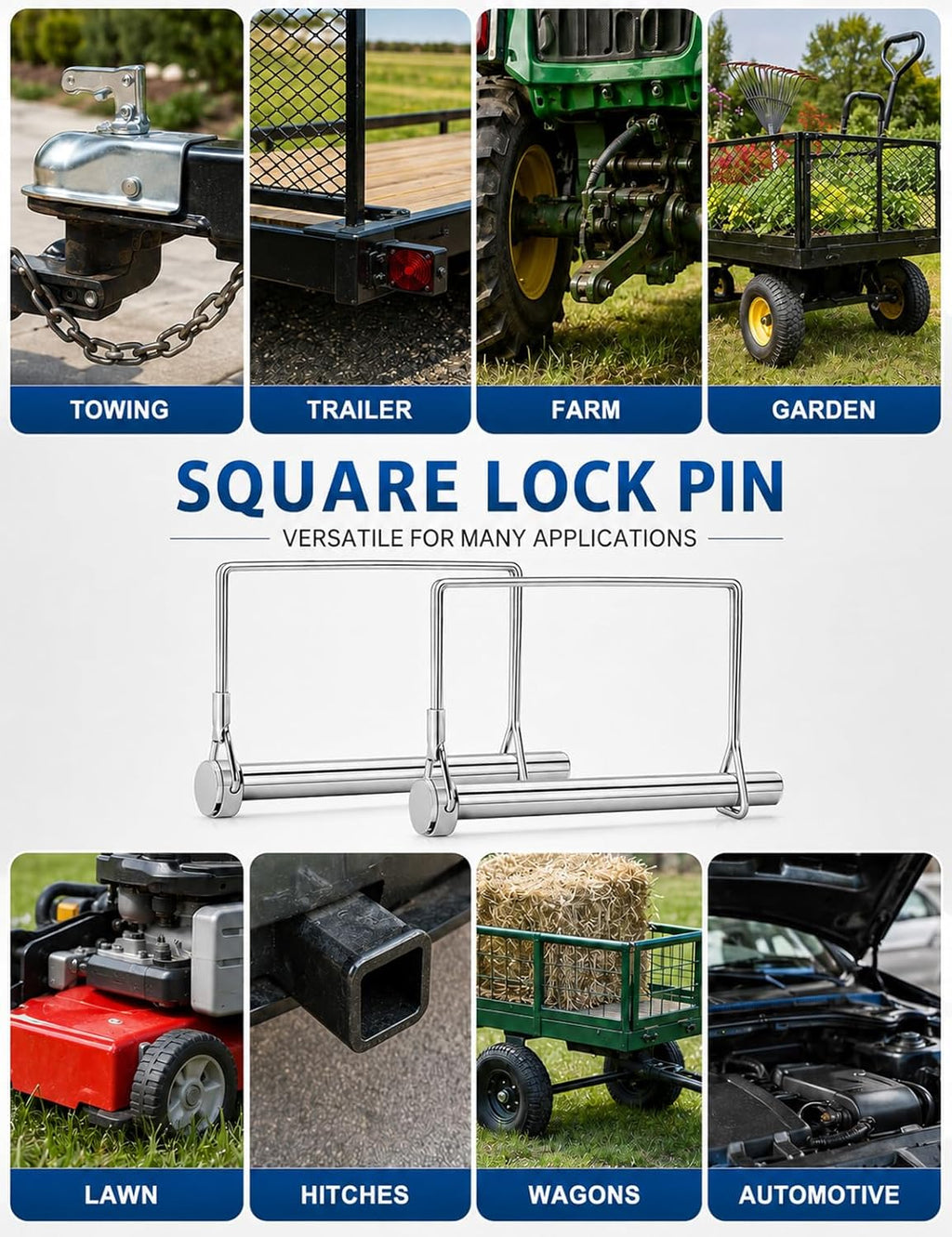 5 Pack Square Trailer Pin 1/4 inch x 2-3/4 inch, Heavy Duty Shaft Locking Pin, Carbon Steel Hitch Latch Pin with Safety Wire Lock, Trailer Tongue Pin for Farm, Lawn, Garden, Towing Couplers