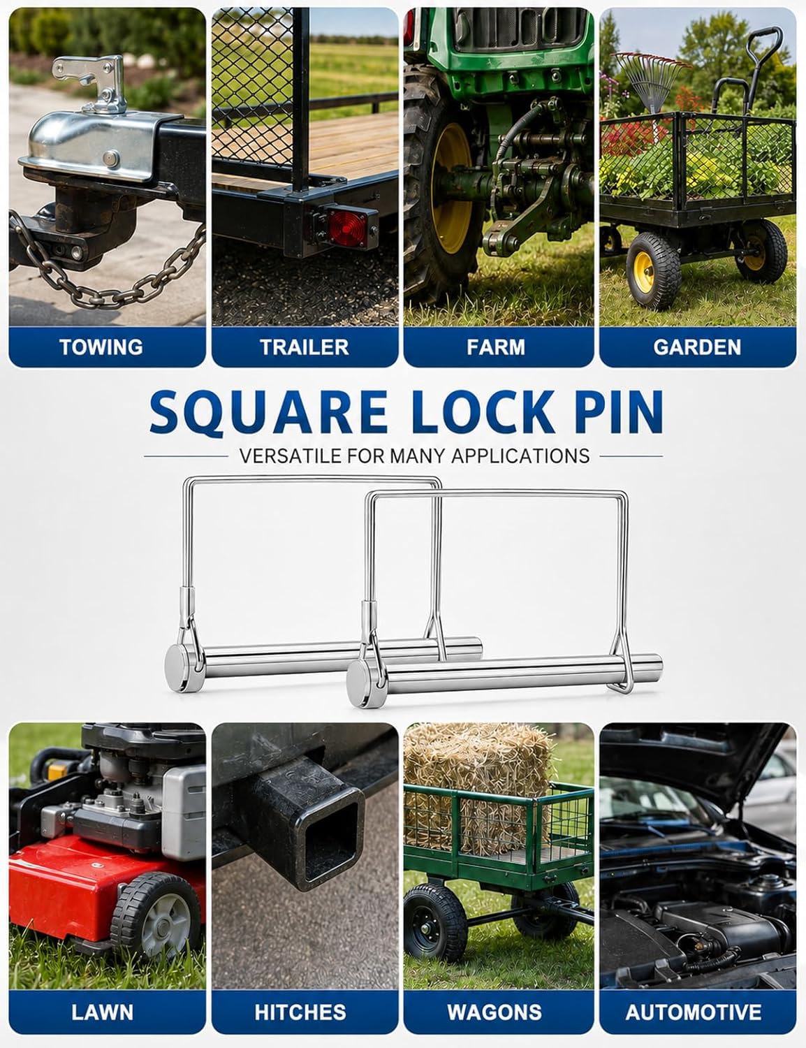 5 Pack Square Trailer Pin 1/4 inch x 2-3/4 inch, Heavy Duty Shaft Locking Pin, Carbon Steel Hitch Latch Pin with Safety Wire Lock, Trailer Tongue Pin for Farm, Lawn, Garden, Towing Couplers