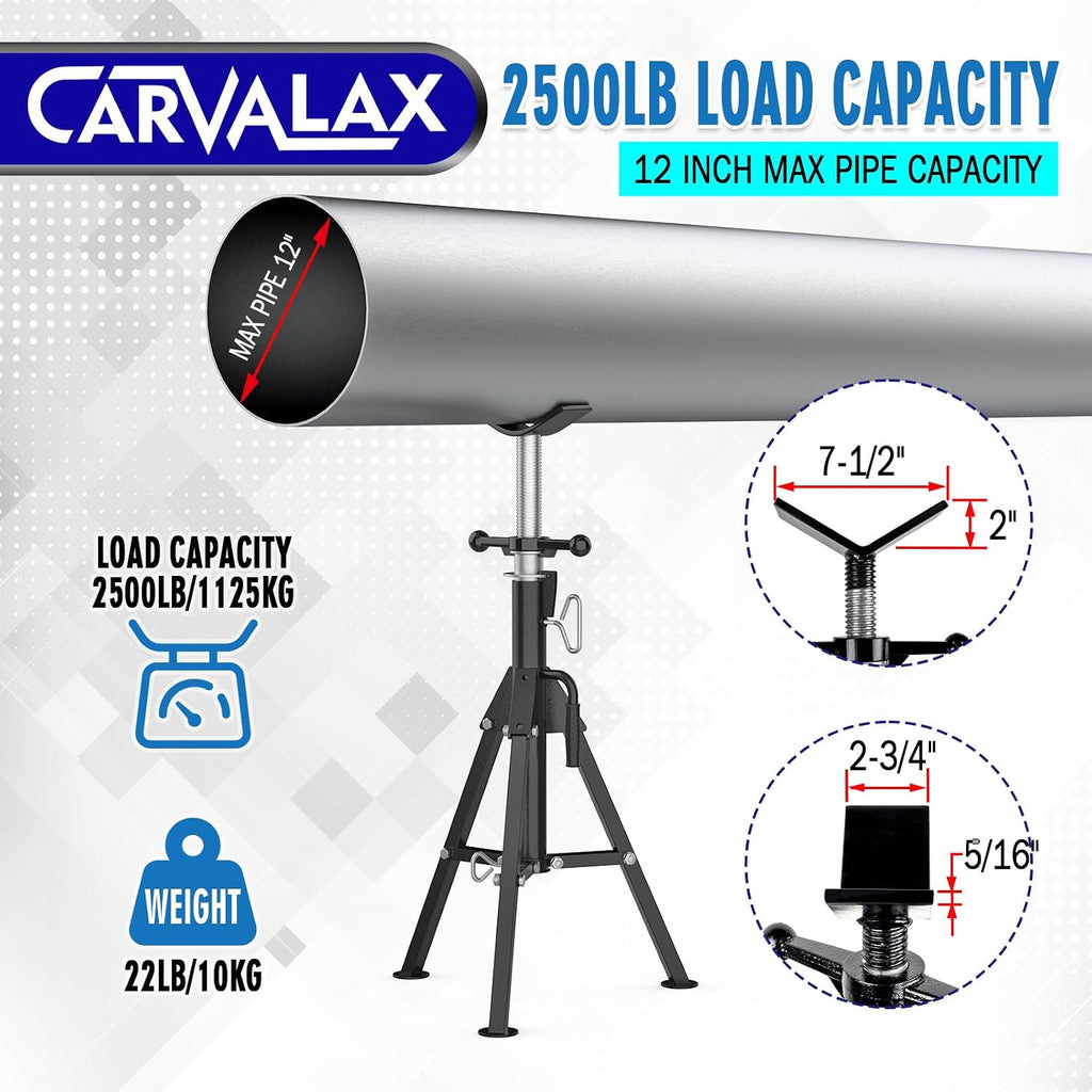 CARVALAX V-Head Pipe Jack Stands, Adjustable Pipe Stand for Welding | 28"-52" Adjustable Height, Fits 1/2" - 12" Pipe Capacity, 2500LB Load Capacity, w/Portable Folding Legs