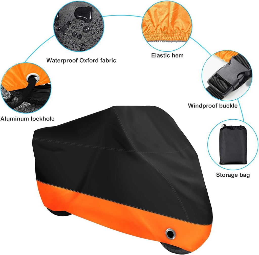 XYZCTEM Motorcycle Cover,All Season Black&Orange Waterproof Outdoor Sun Motorcycle Cover,Fits up to 108" Motors