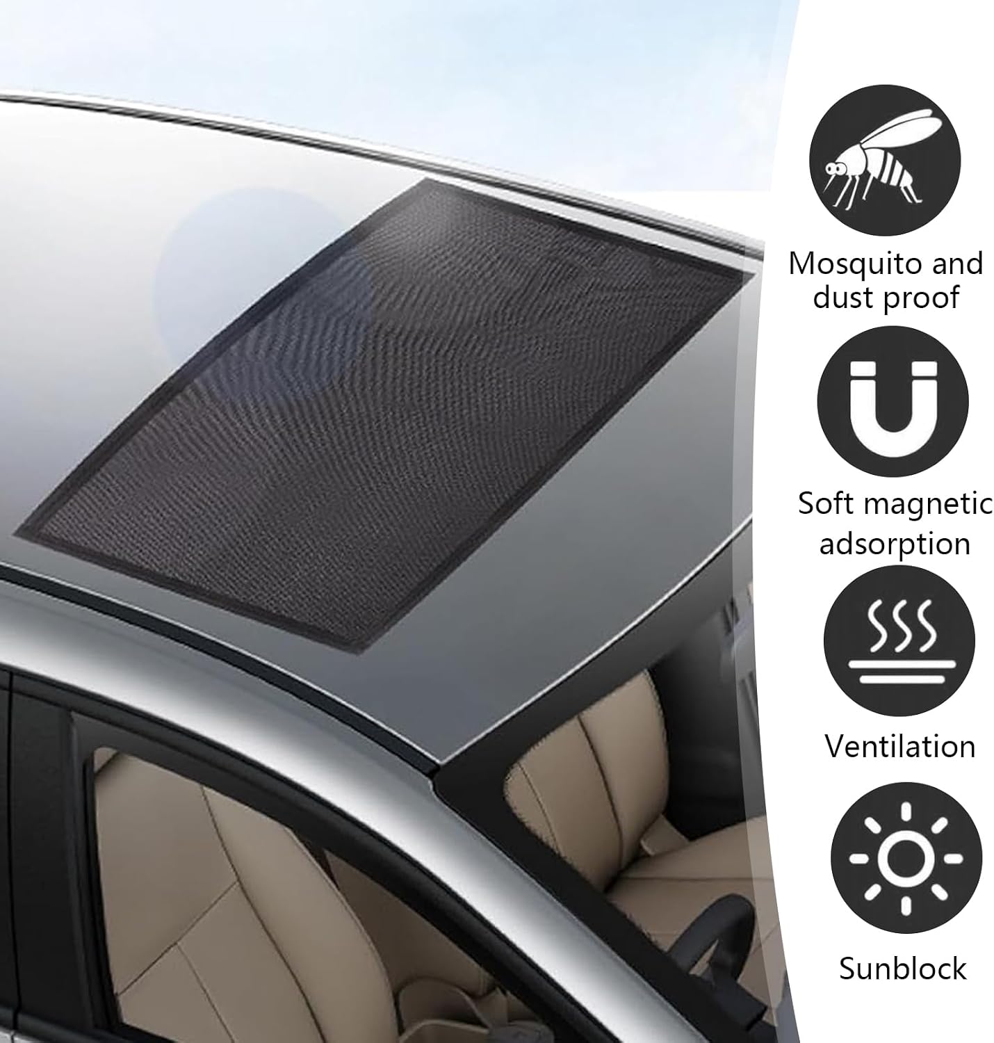 Car Roof Sunroof Sunshade Net, Outdoor Cooling Camping Skylight Ventilation Net, 39.37" x 25.59" Adsorption Sunscreen Heat Insulation Protective Mesh, Universal for Most Vehicles (Black)