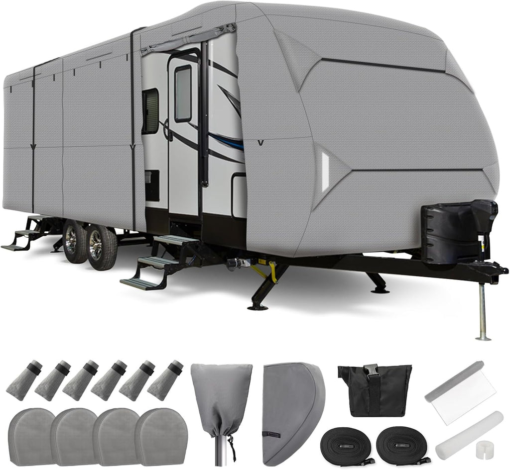 Leader Accessories Windproof RV Cover 27' -30' Travel Trailer Cover Extra Thick Camper Cover - Anti-uv & Ripstop with 4 Tire Covers, Adhesive Repair Patches
