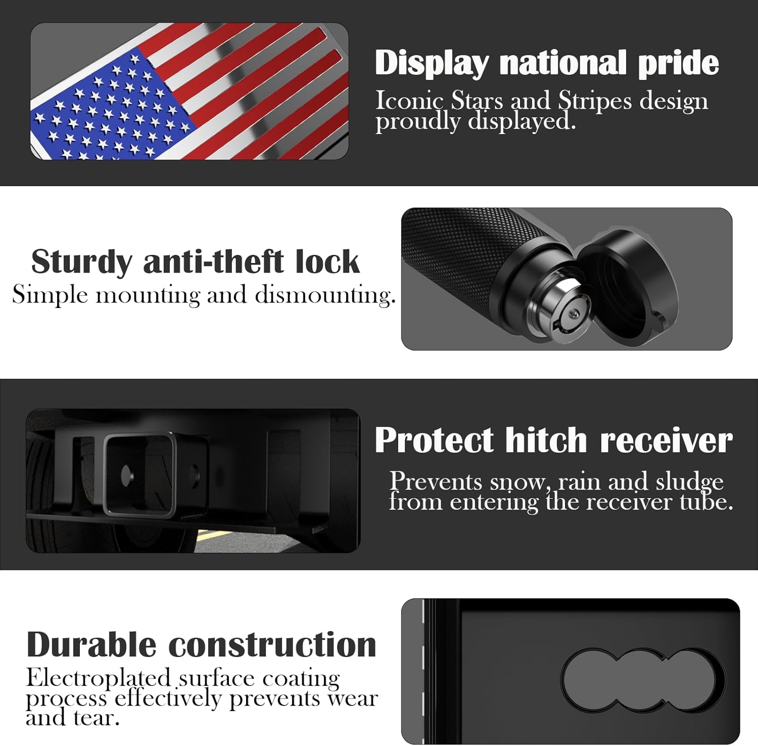 OGYE 2 Inch Trailer Hitch Cover with American Flag, Heavy Metal Trailer Hitch Cover Fit for 2 Inch Hitch Receivers (with 5/8" Pin Dia Anti-Theft Trailer Hitch Lock),3 * 5" Blue/Red/Chrome