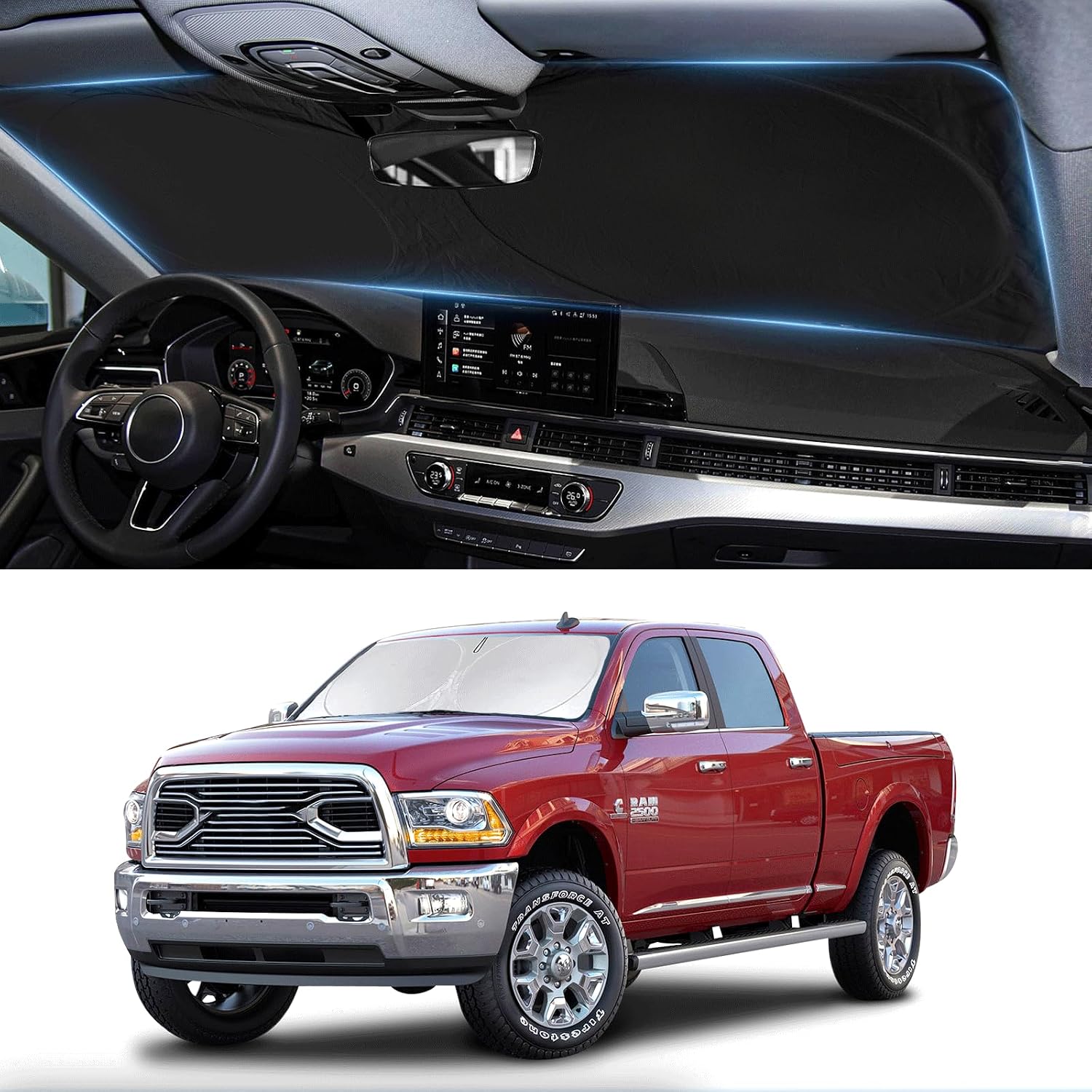 Sunshade for Ram Sun Shade Fit 2010-2025 2026 Dodge RAM 2500 3500 Truck Accessories Windshield Cover for Ram 2500/3500/4500/5500 Sun Visor Fits 2Dr RegularCab, 4Dr QuadCab, CrewCab, MegaCab