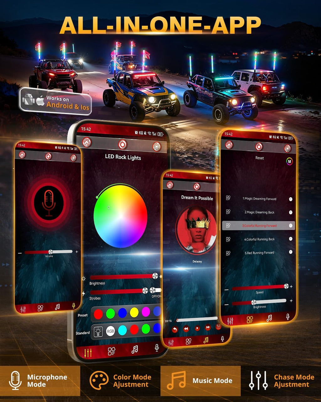 Auxbeam 2PCS 2.3FT RGB Whip Lights w/Bluetooth APP+Remote & Auxbeam 4-Pod RGB LED Rock Lights w/Brake Mode 217°Dual-Side Lighting Underglow Kit w/Bluetooth APP & Remote