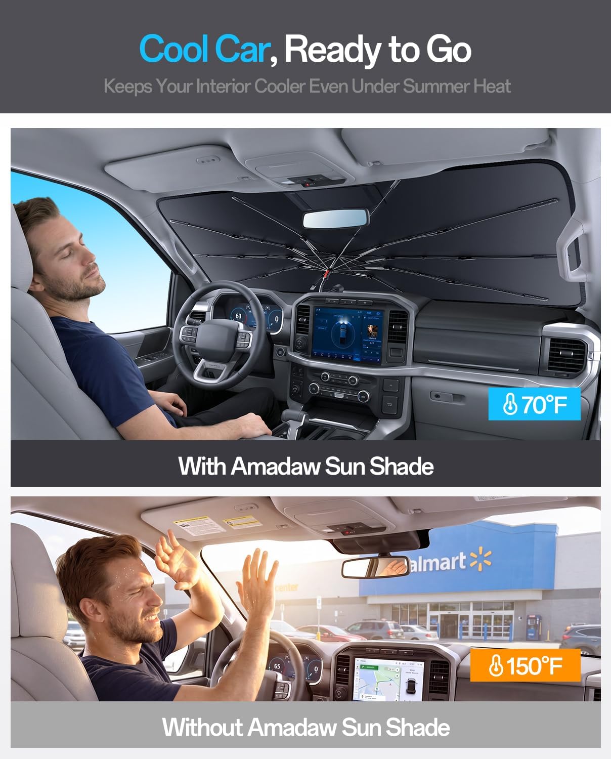 Truck Windshield Sun Shade for Ford F150 2015–2026, Foldable Umbrella Sunshade with 100% UV Block, Multi-Layer Heat Insulation, Reinforced 10-Rib Frame, Summer Car Accessory, Silver