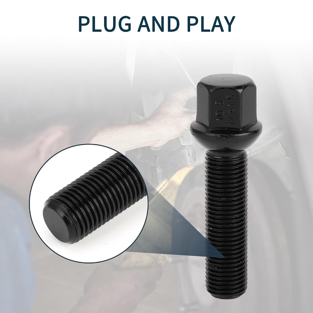 M14x1.5mm Ball Seat Wheel Lug Bolt for Volkswagen 19mm Hex 50mm Shank Length Sturdy | Extended Bolts Black 10 Pcs
