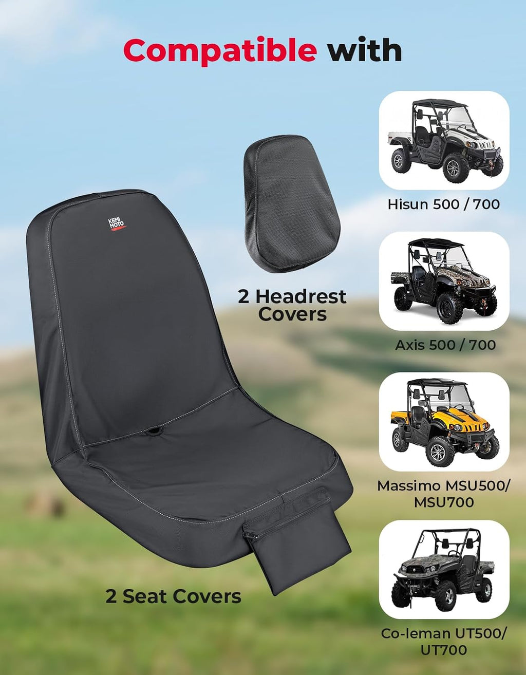 KEMIMOTO UTV Seat Cover with Drain Holes - 1680D Oxford Heavy-Duty & Water-Resistant Compatible with Hisun/Axis 500 700, Massimo MSU500 MSU700, Coleman UT500 UT700, Headrest Covers Included 2-PC Set