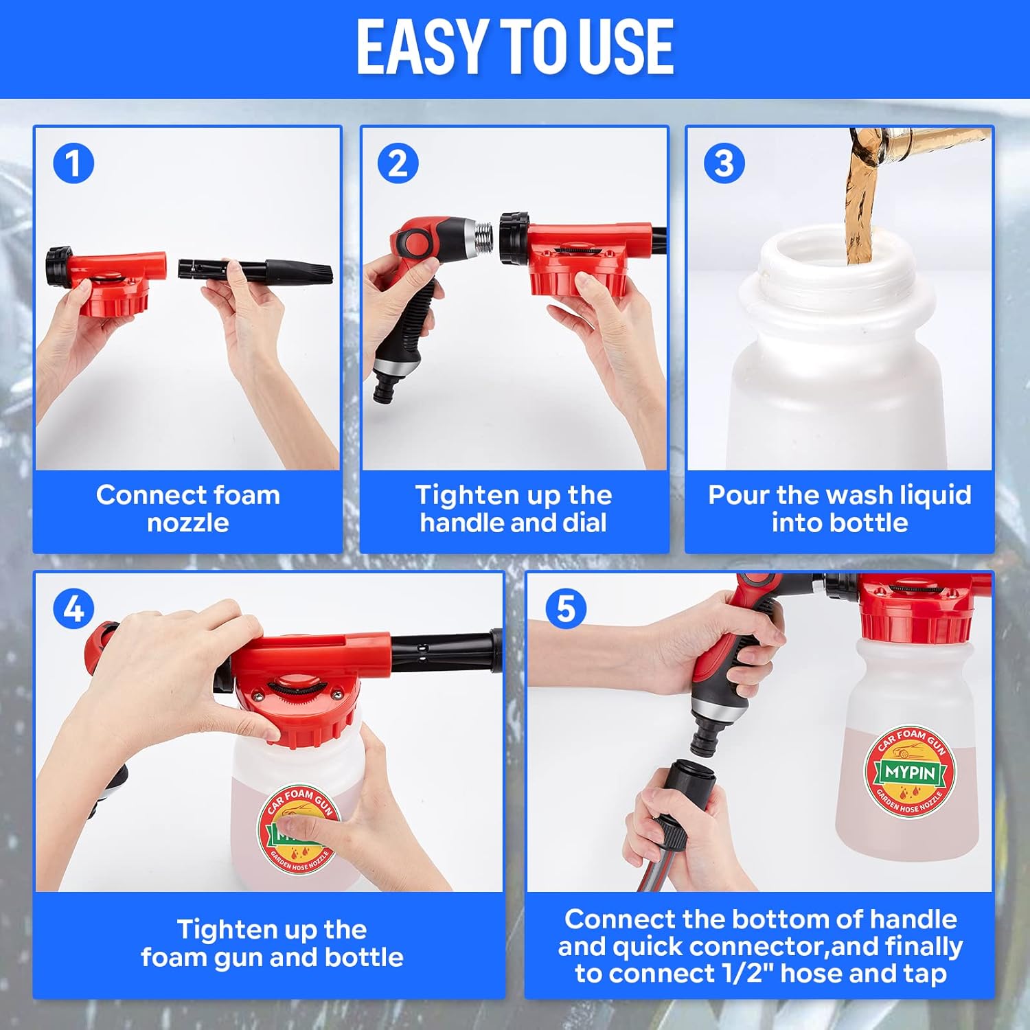 Car Wash Foam Gun/Hose Sprayer, 16 IN 1 Foam Cannon for Car/Garden Cleaning | Adjustable with 2.5-6 Ratio Dial Foam Blaster, 1L Bottle, Nozzles, Mitten&Towel, 1/2” Quick Connector for Garden Hose,Sprayer