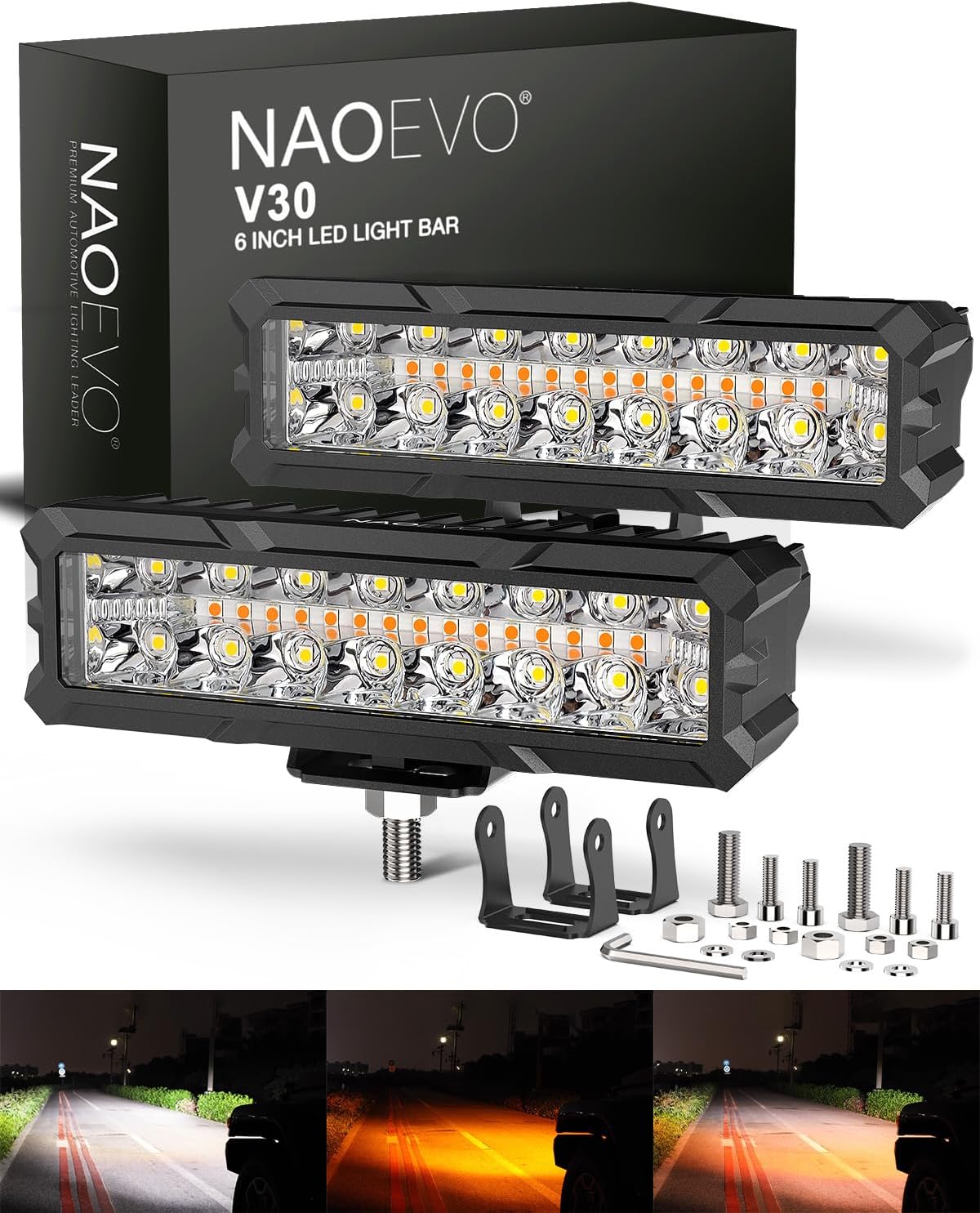 naoevo 6 inch white amber led light bar, main product view