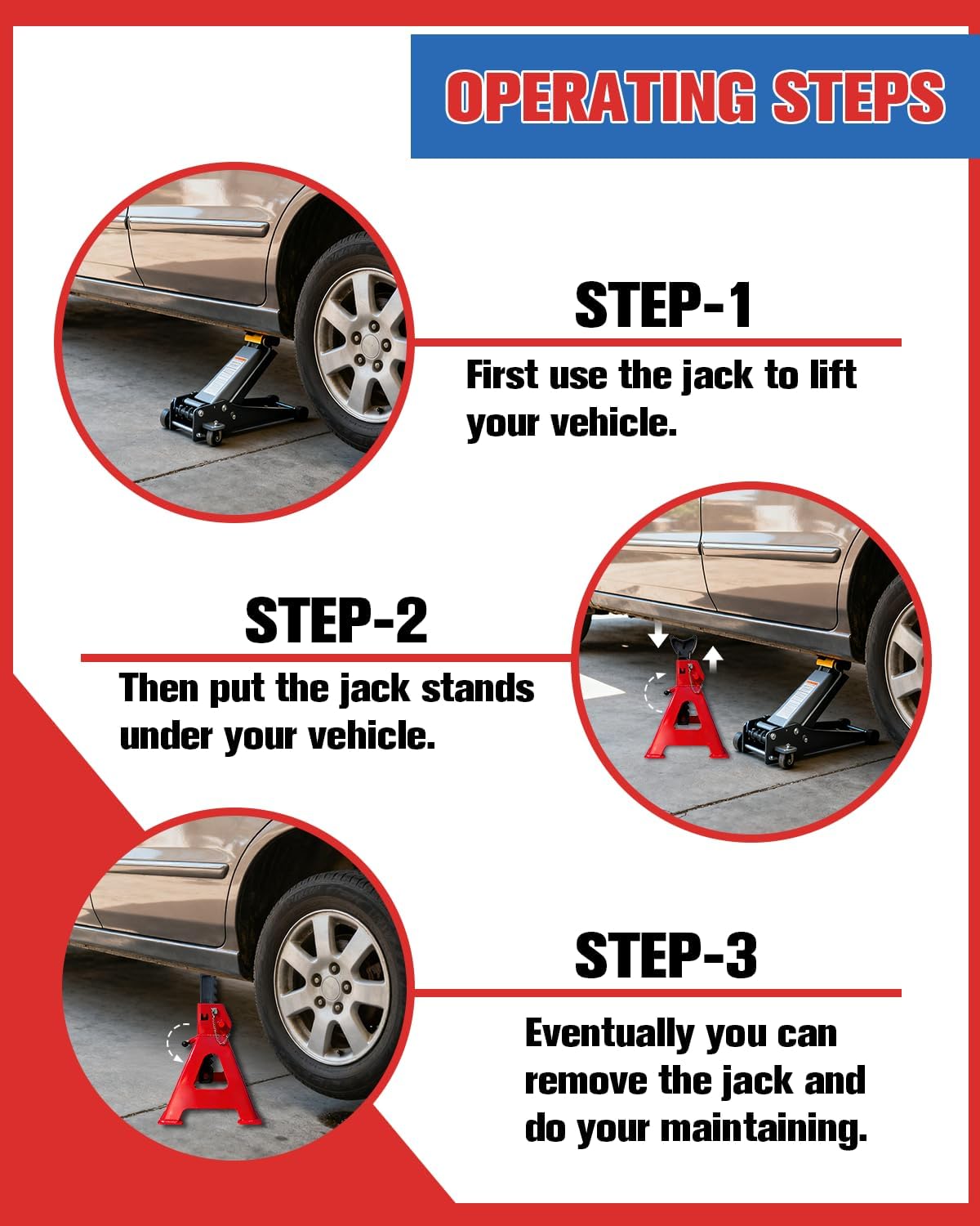 6 Ton Jack Stands (13,200Lbs) - Heavy Duty Car Jack Stand with Double Pin Locking, Adjustable 15.6"-23.4" Height, Extra Rubber Pads for Trucks, Garage, Home,DIY Use - 1 Pair Red