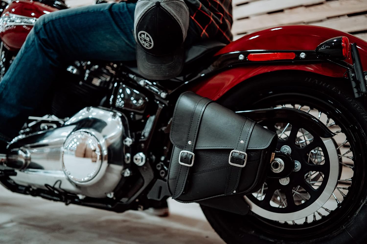 Willie & Max Black Synthetic Leather Small Motorcycle Swingarm Bag for Softail/Triangulated Swingarm Models - Chrome Buckles - Made in USA [59776-00]