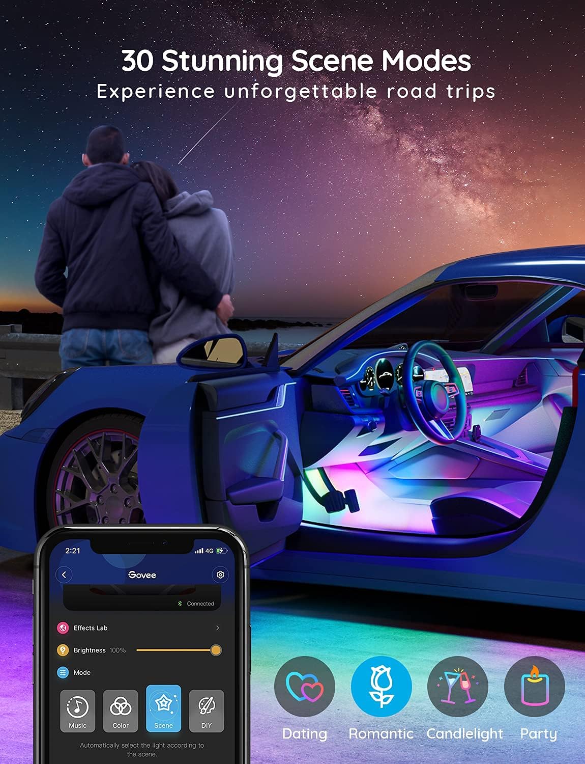 Govee Car LED Strip Lights, Smart RGBIC Interior Car Lights with APP Control, 4 Music Modes and 16 Million Colors, 2 Lines Design LED Lights for Car Decor, DC 12V | 4 Music Modes and 16 Million Colors, 2 Lines Design LED Lights for Car Decor, DC 12V