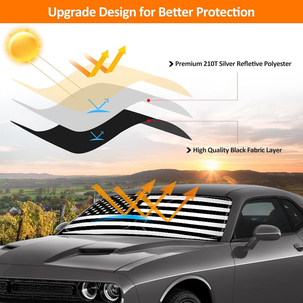 D-Lumina Winshield Sun Shade with USA Flag for 2015-2023 Dodge Challenger, Foldable Front Sun Shield Protector Blocks UV Rays, Window Sunshade Sun Visor Interior Accessories