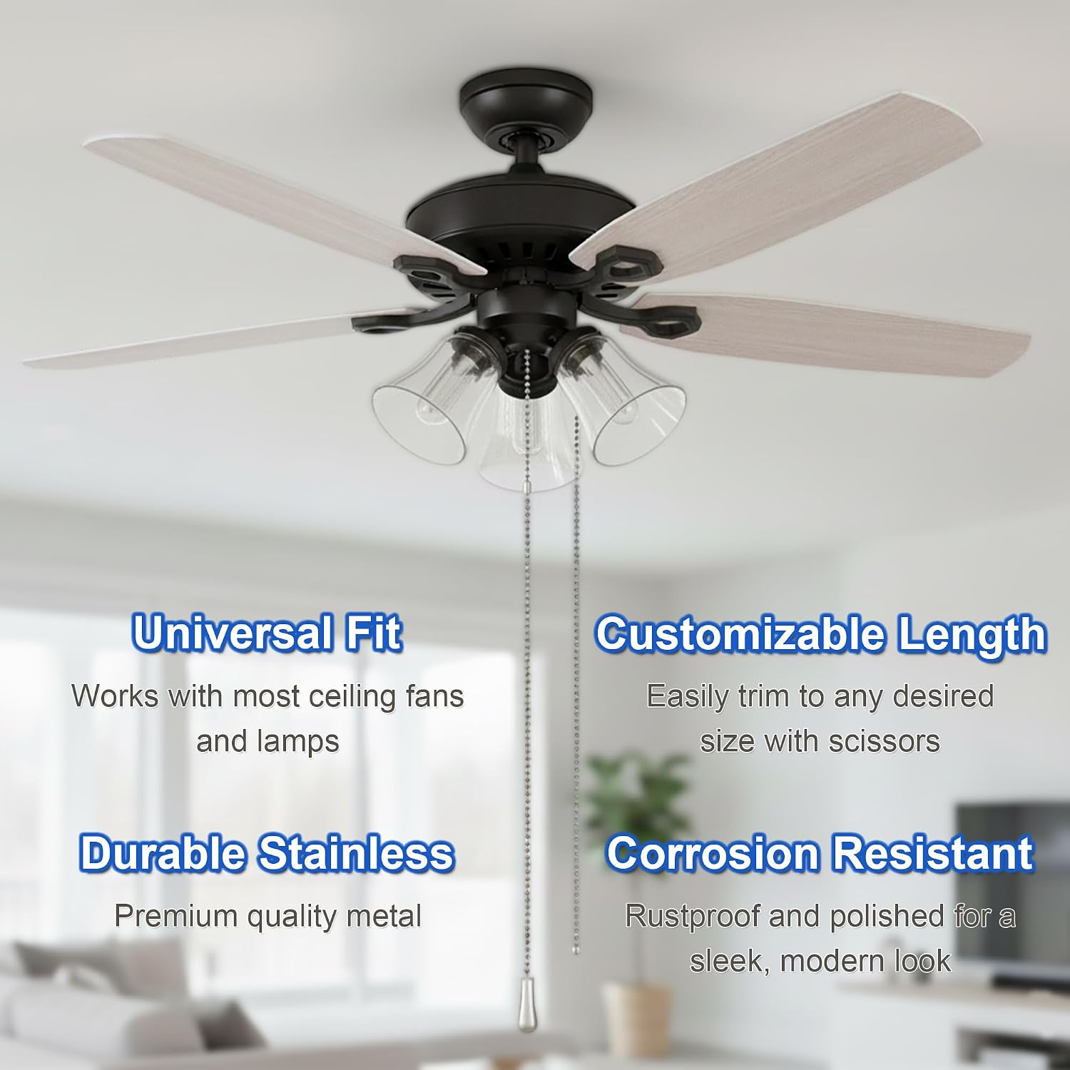 Ceiling Fan Pull Chain Extension Kit, 120-Inch Stainless Steel | 3 mm beaded chain with 12 connectors for extending or replacing most ceiling fan and light fixture pull chains.