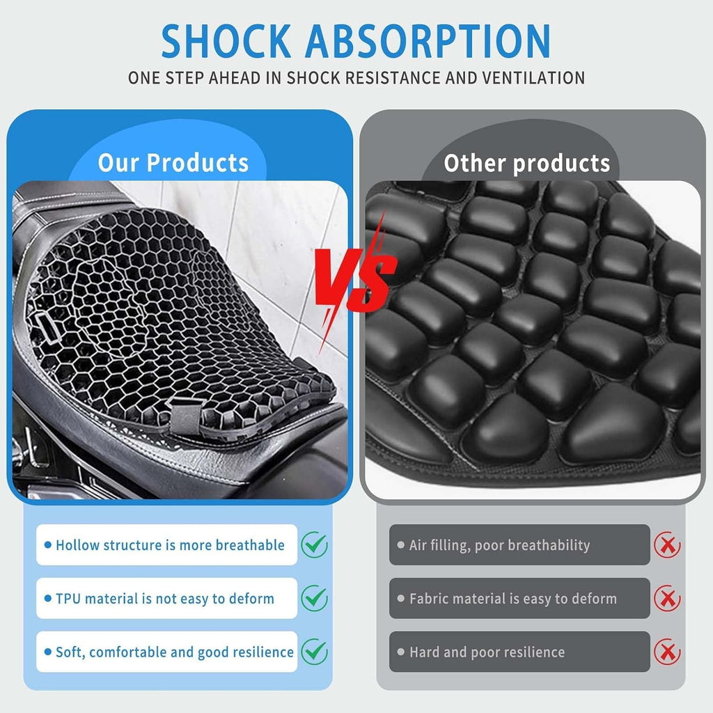 Foldable Motorcycle Gel Seat Cushion, Large 3D-Honeycomb Structure Shock Absorption & Breathable Motorcycle Gel Seat Pad for Long Rides