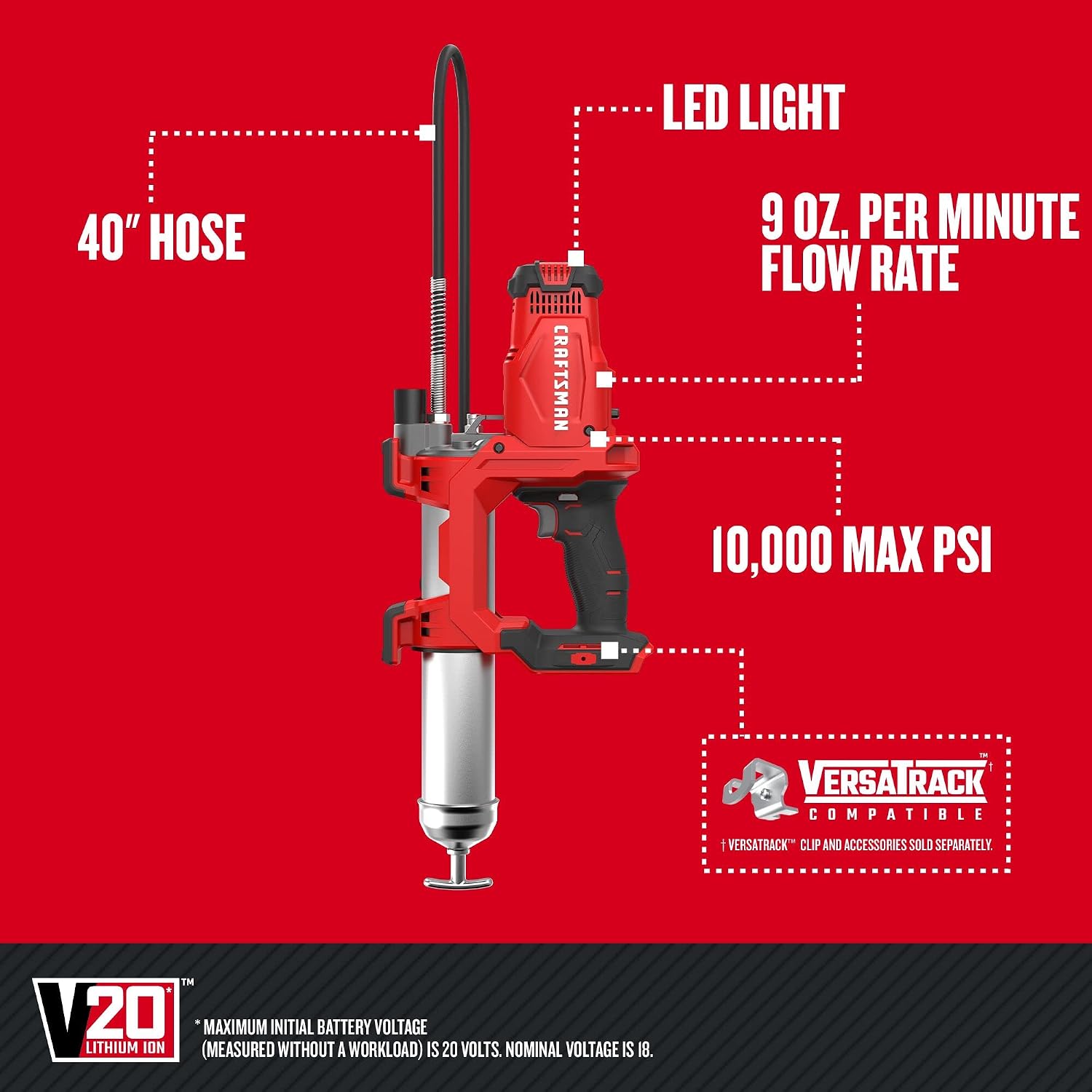 CRAFTSMAN Grease Gun V20 Electric Grease Gun Cordless, 40" Hose, LED Light, 10,000 Max PSI Pushes up to 9 oz. of Grease per Minute, Tool Only (CMCGG001B)