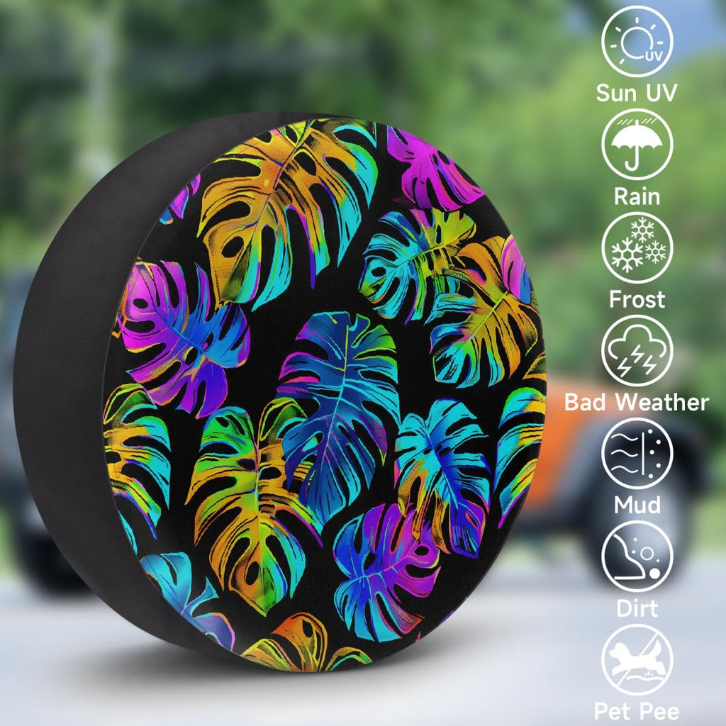 Spare Tire Cover Colorful Palm Leaves Wheel Covers Protectors Waterproof Dust-Proof Universal Fit Trailer, RV, SUV and Many Vehicle 17 Inch,A-827