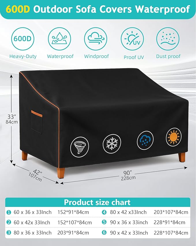 Outdoor Sofa Cover, Waterproof Patio Furniture Cover 90W x 42D x 33H inches - Image 3