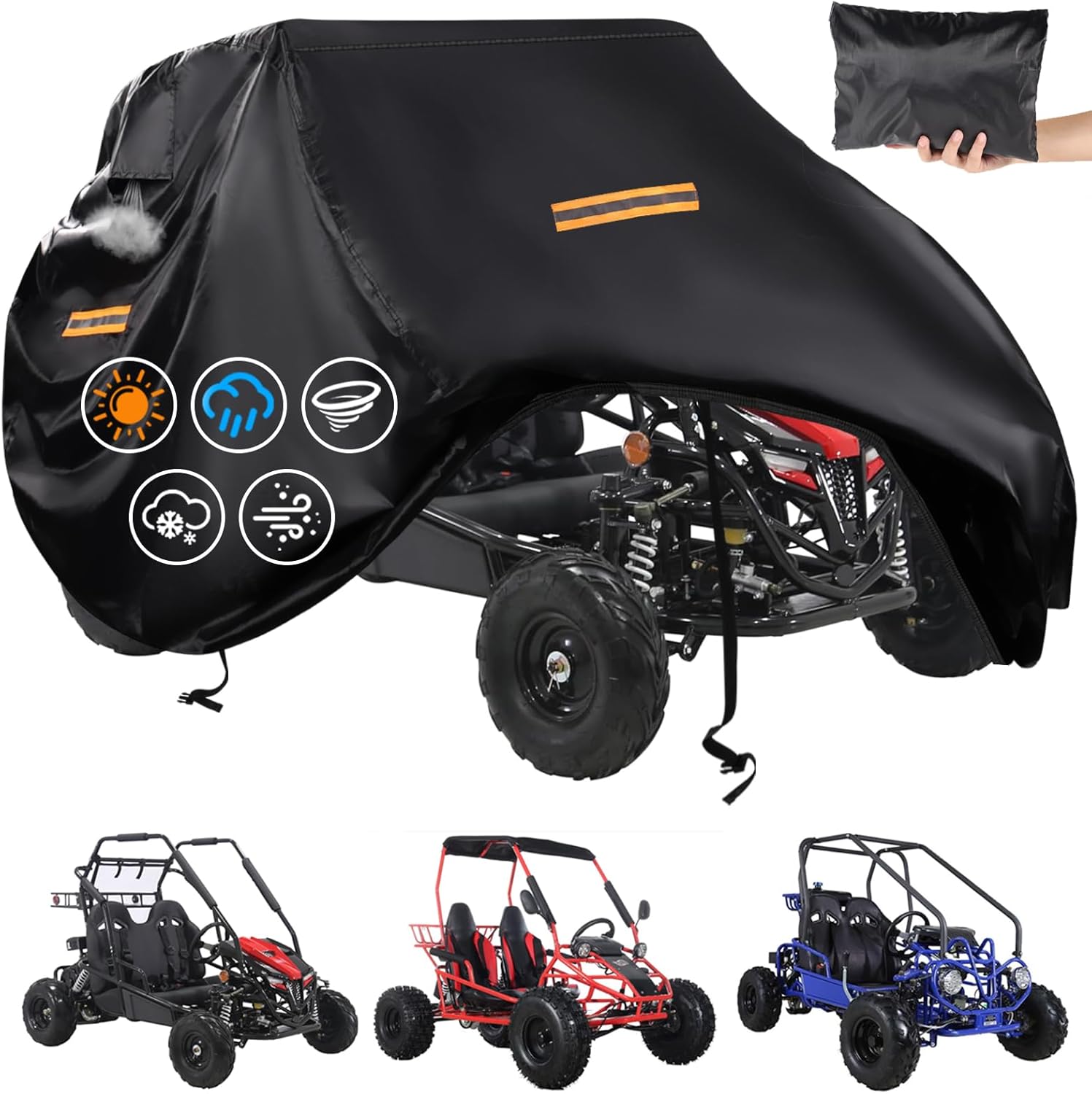 Large Go Kart Covers Waterproof,Heavy Duty 420D 2 Seater Go Kart Cover,Go Kart Accessories with Air Vent,4 Reflective Handles,2 Windproof Buckles,for Most 2-Seater Go-Kart Models