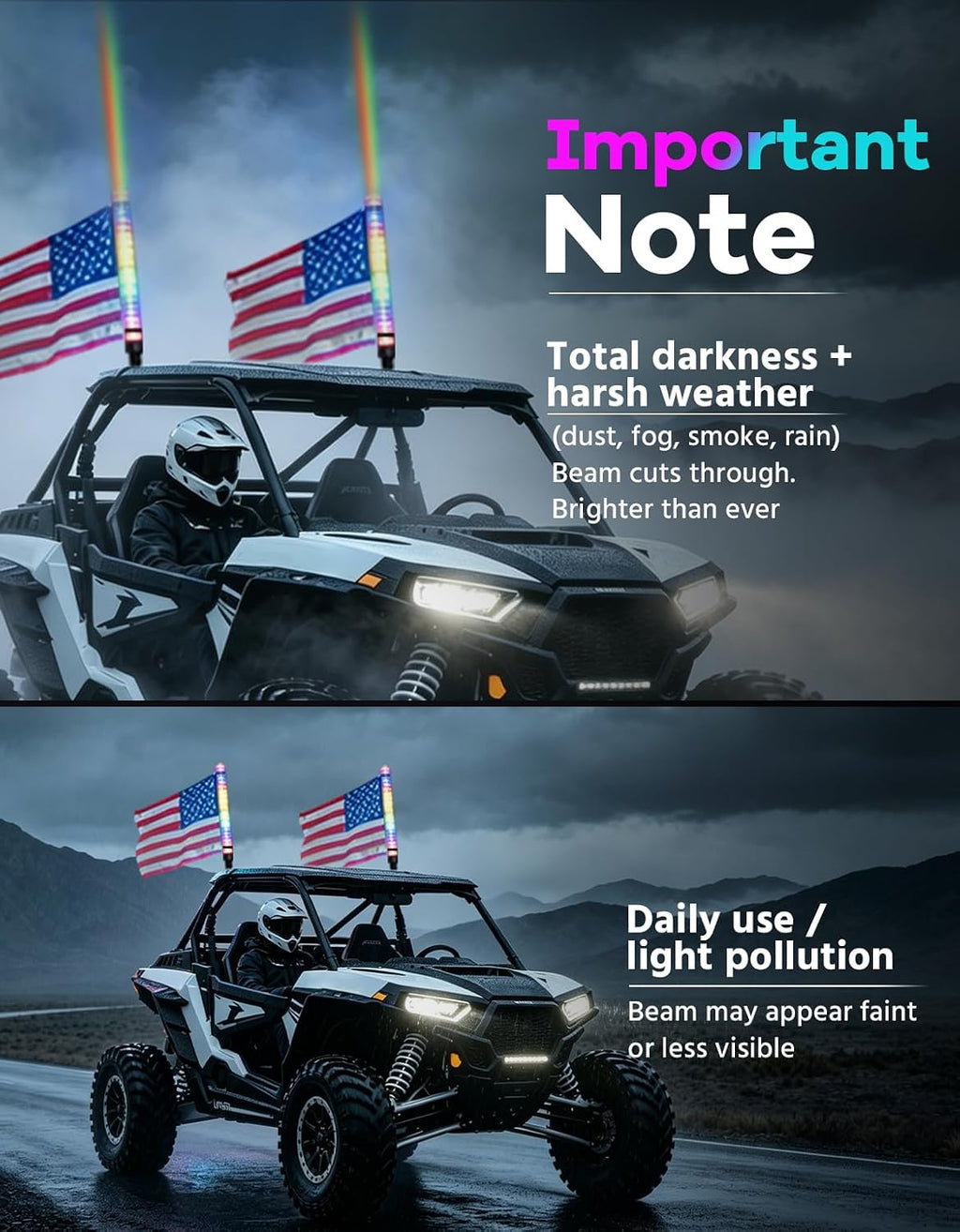 2-in-1 2FT Fat Whip Lights, Whipless LED Whip Lights with Rocker Switch, Remote & APP Control, 360° Spiral Multi-Color Lights, Compatible with Polaris, Can-Am, CFMOTO, ATVs (2 Pack)