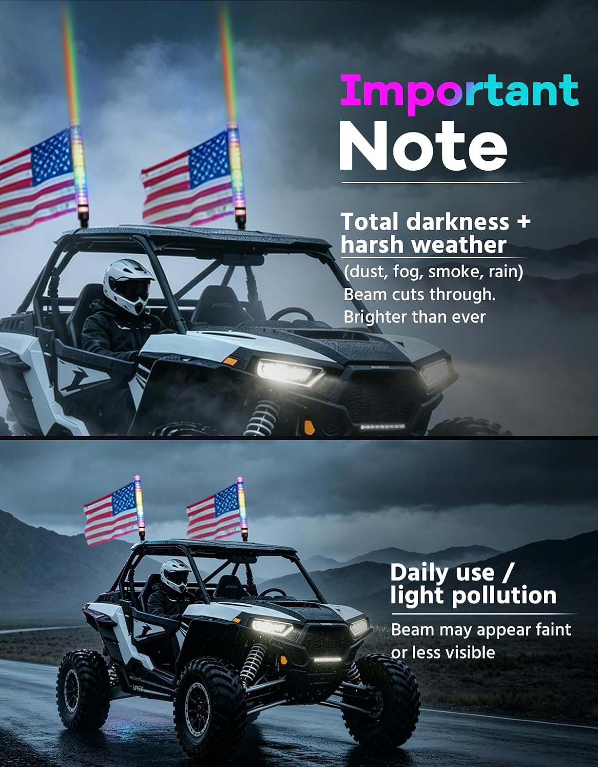 2-in-1 2FT Fat Whip Lights, Whipless LED Whip Lights with Rocker Switch, Remote & APP Control, 360° Spiral Multi-Color Lights, Compatible with Polaris, Can-Am, CFMOTO, ATVs (2 Pack)
