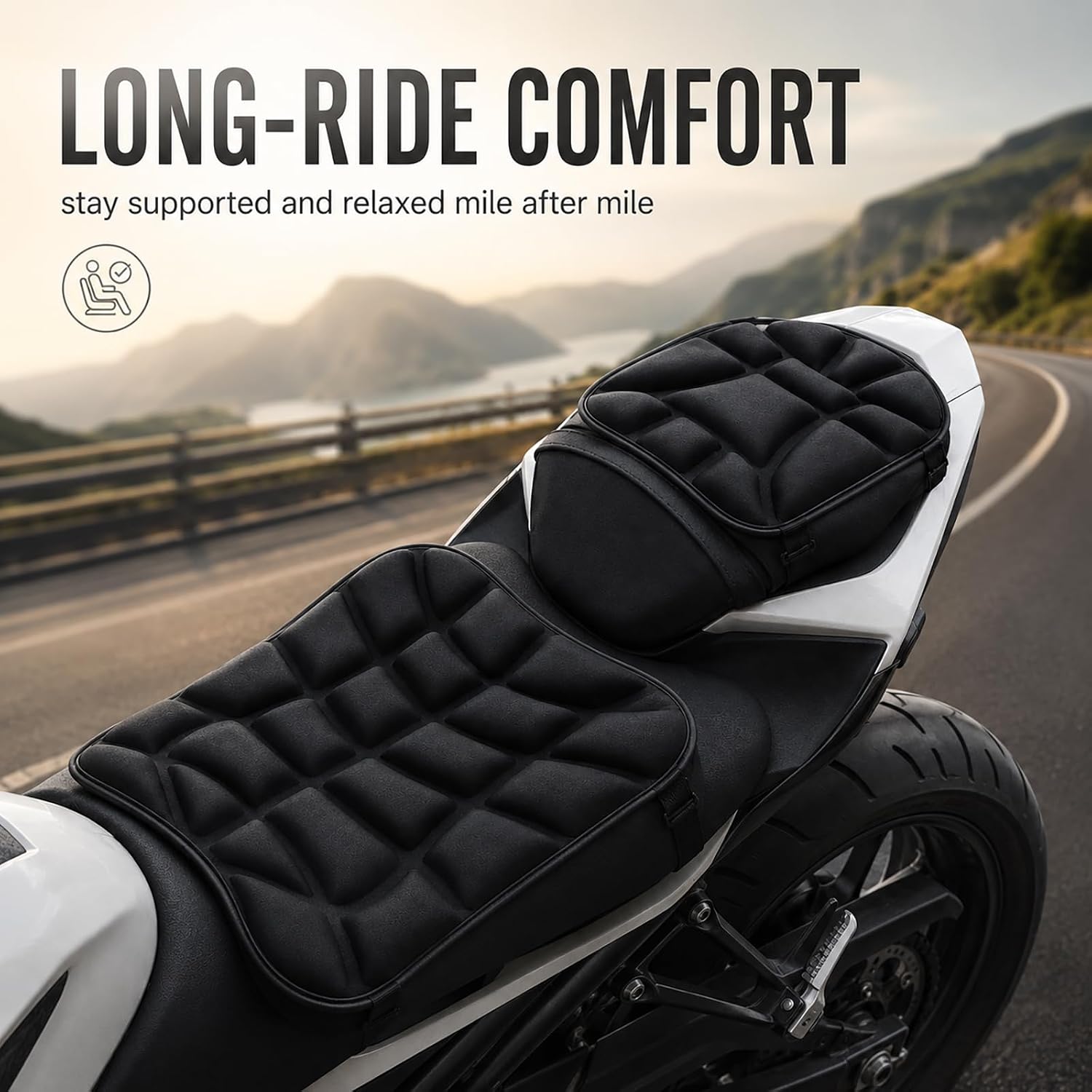 Motorcycle Seat Cushion for CFMOTO Papio CL 2022-2026 | Front Rear Set | Shock Absorbing Comfort | 3D Pressure Relief | Breathable Surface | Secure Strap Fit
