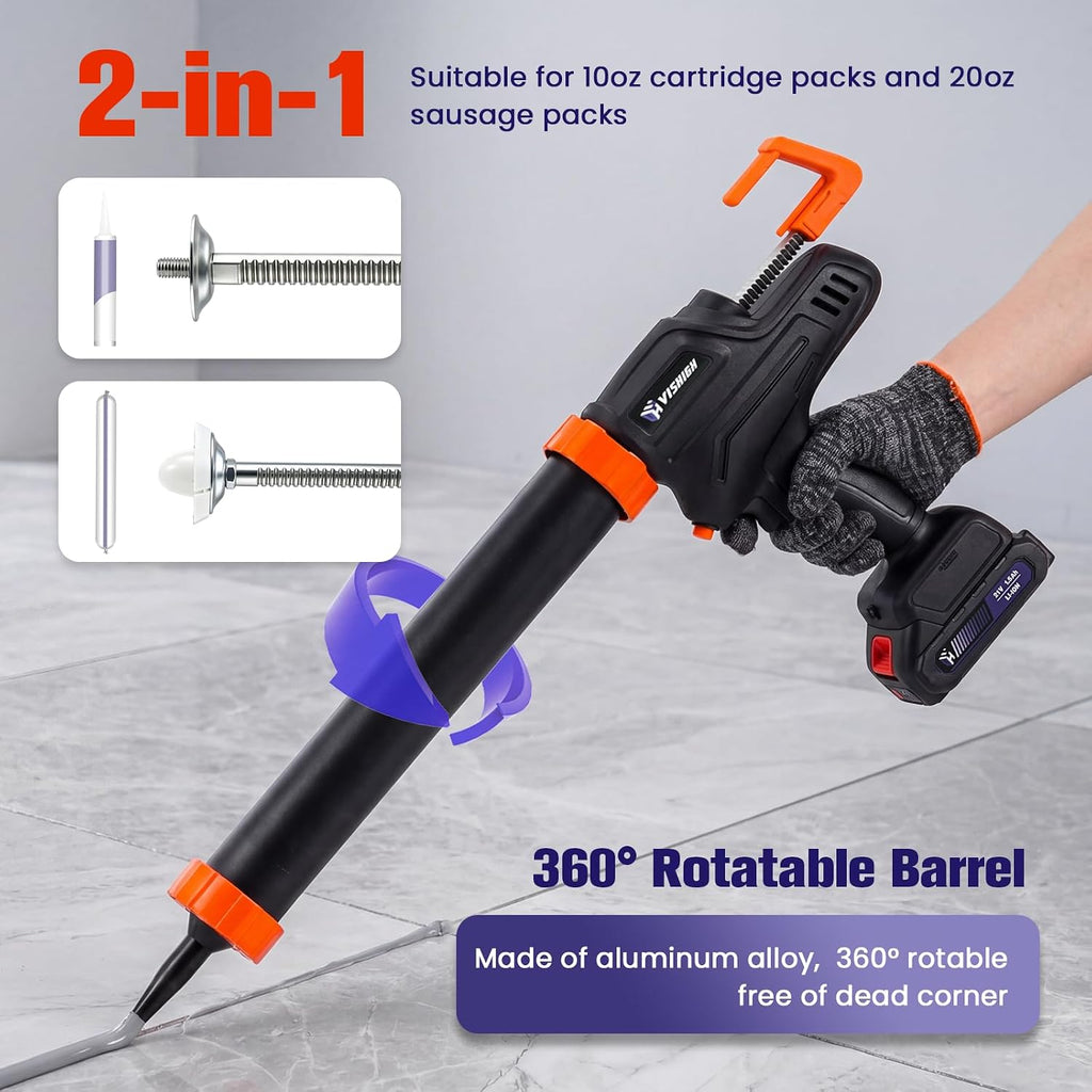 vishigh cordless caulking gun, 21v electric caulk and, close-up detail