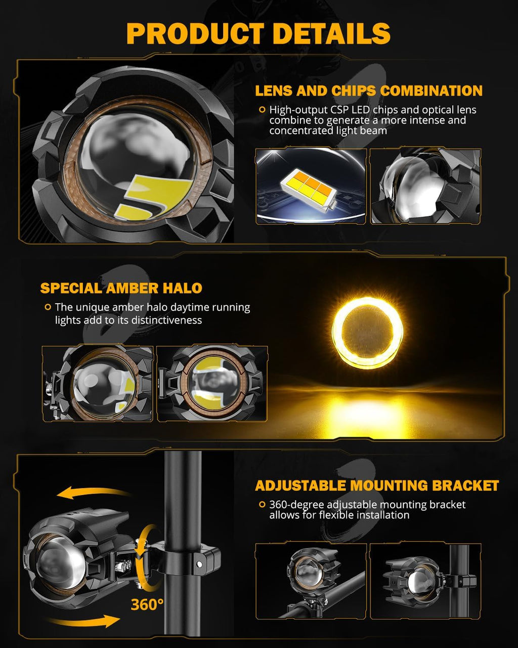 Auxbeam MT8S Series Motorcycle LED Driving Lights Fog Lights Auxiliary Lights with Halo DRL and AX7 Series Motorcycle Driving Lights Fog Light 4.2 Inch Auxiliary Light with Breathing DRL