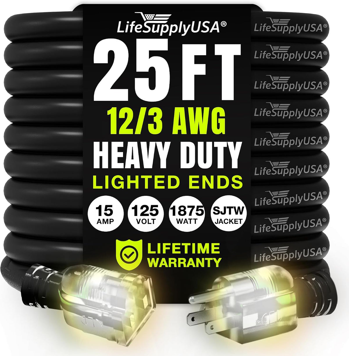 25ft Outdoor/Indoor Extension Cord 12/3 Gauge Extra Heavy Duty 3 Prong SJTW