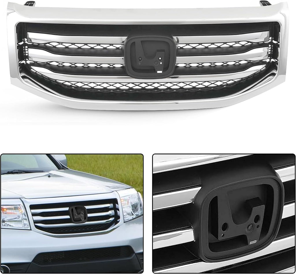 Partsflow Front Bumper Grill Upper Grille Assembly Chrome Trim Silvery And Black Compatible With 2012-2015 Honda Pilot HO1202108 75107SZAA11