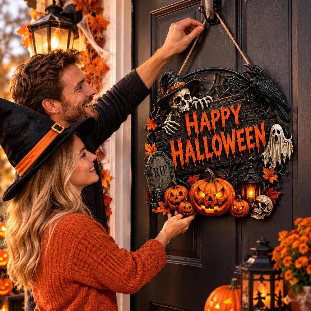 Spiritlele Big Happy Halloween Door Sign Wooden Decoration for Front Door