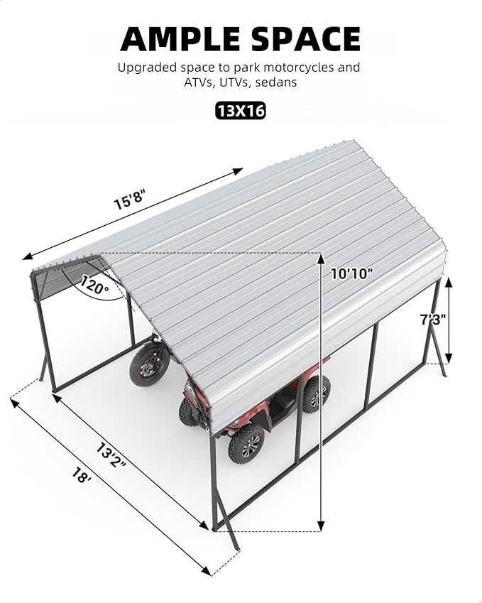13'x16'x11' Metal Carport, Steel Heavy Duty Car Ports - Image 6