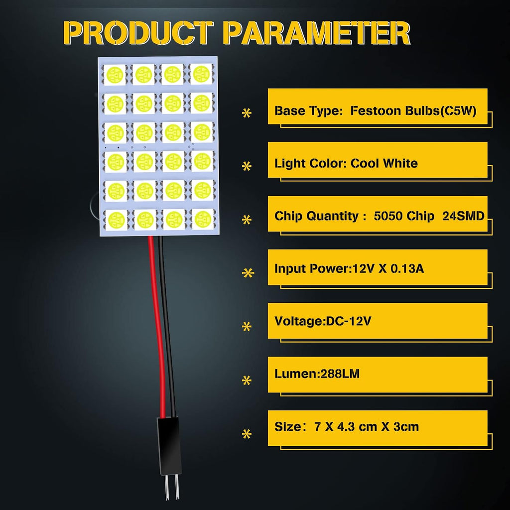 YM E-Bright 5-Pack White 5050 24SMD Led Panel Dome Light Lamp Auto Car Reading Interior Lamp DC 12V With T10 / BA9S / Festoon Adapters